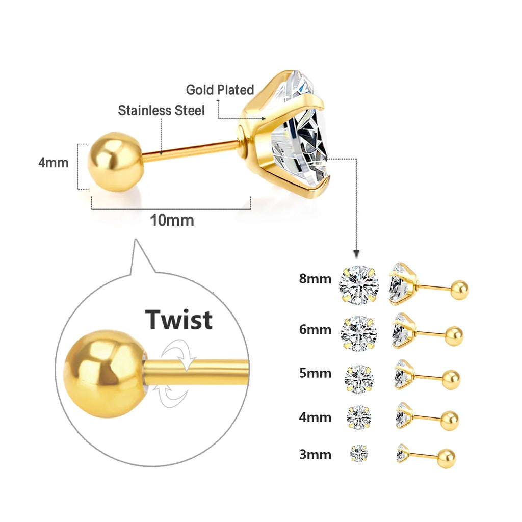 LUXUSTEEL Crystal Zircon Stud Earrings | Screw Back Round CZ Earrings for Men Women