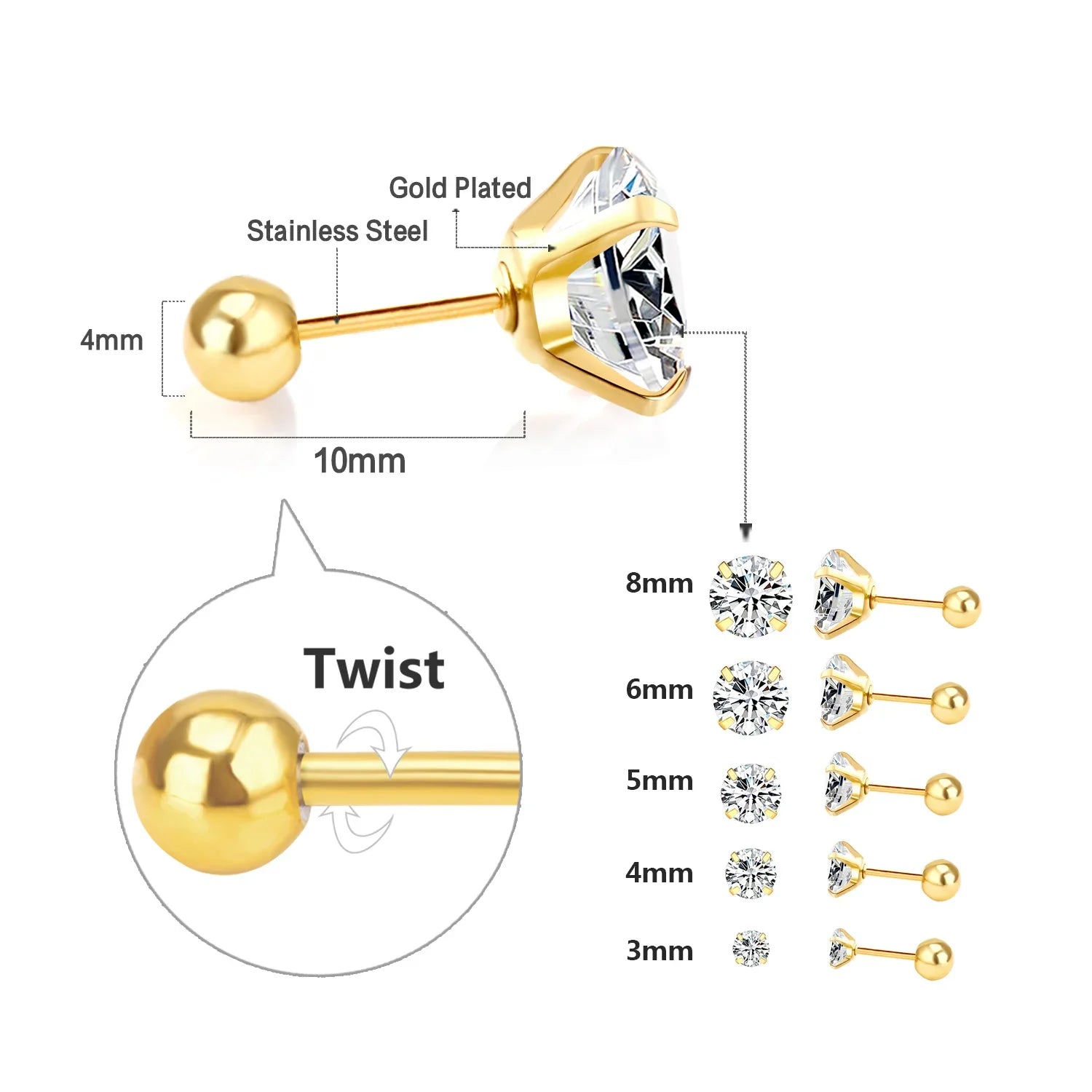 LUXUSTEEL Crystal Zircon Stud Earrings | Screw Back Round CZ Earrings for Men Women