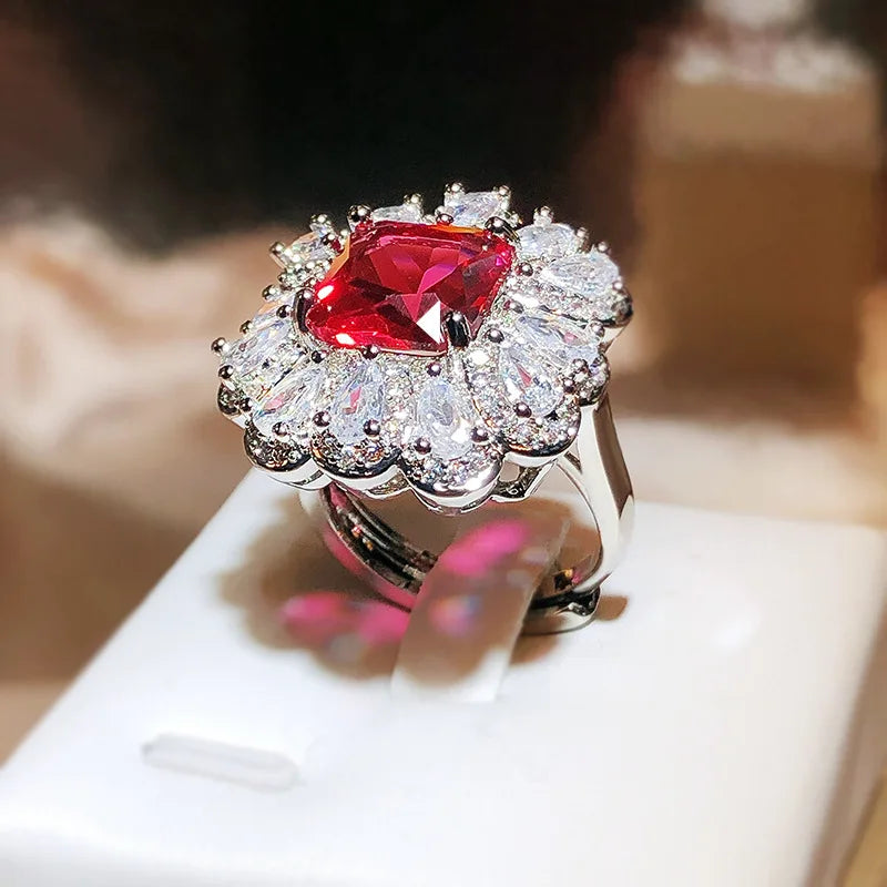 Red Zircon Paraiba Ring 925 Silver | Simple Geometry Cocktail Ring for Women