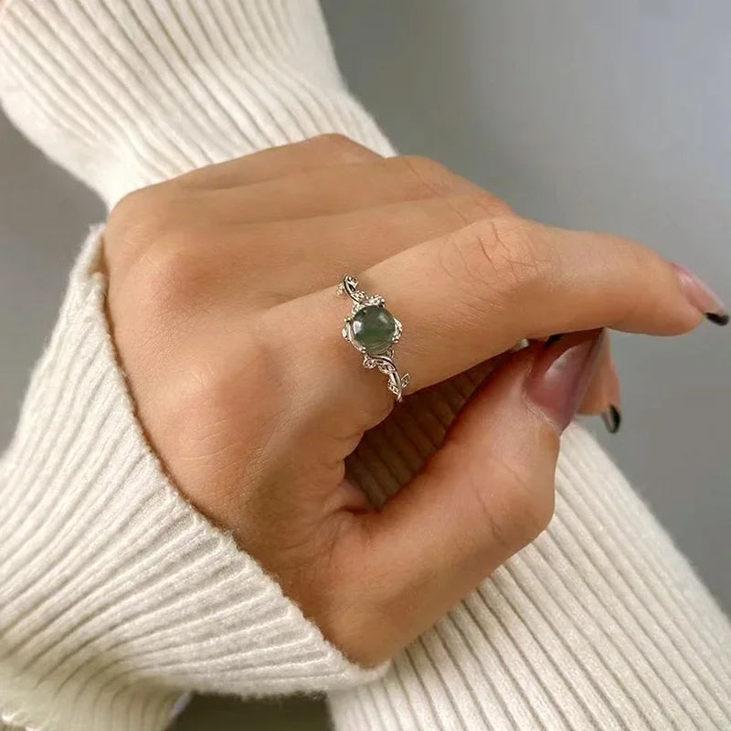 S925 Sterling Silver Green Moss Agate Ring | Classic Women's Wedding Band