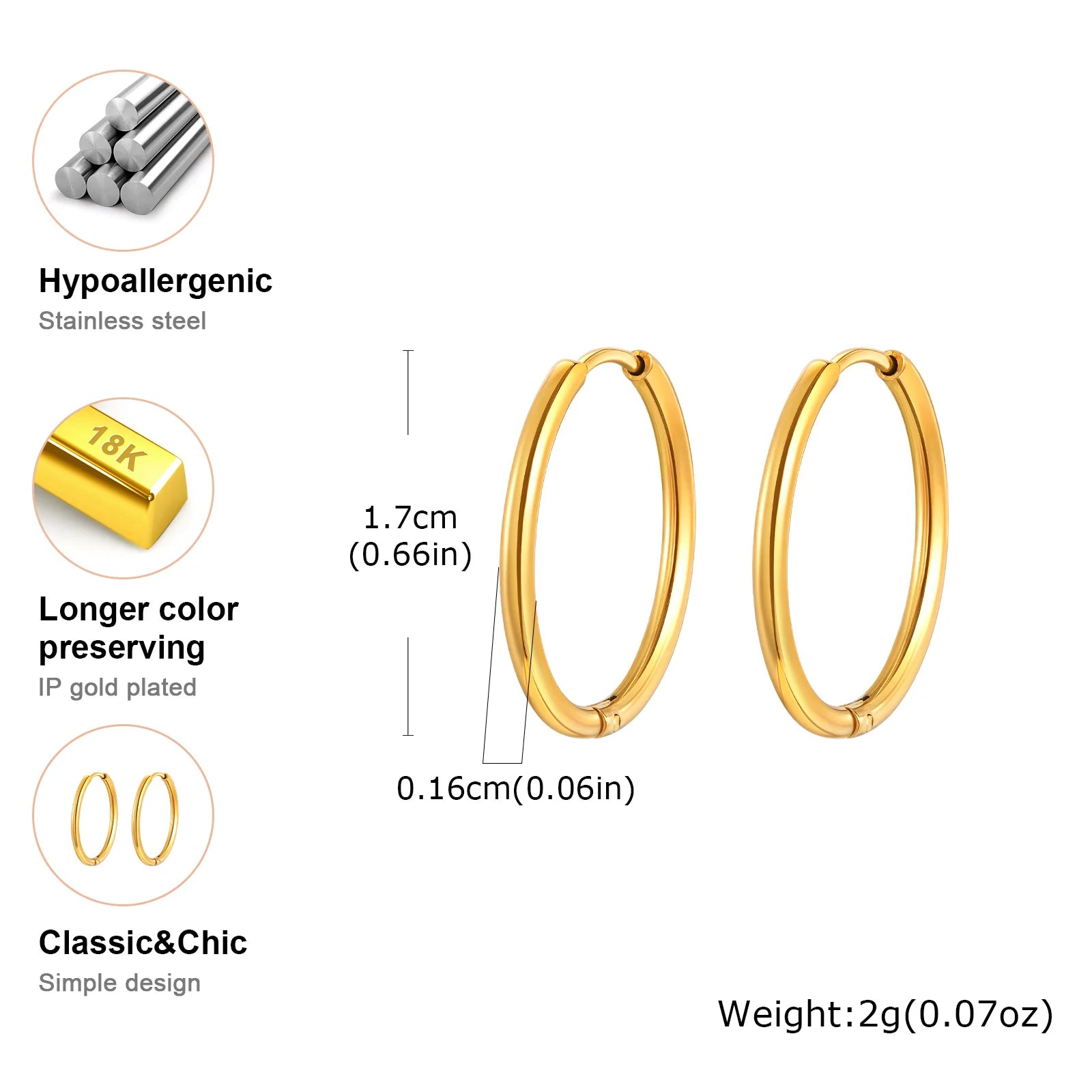 1Pair Round Hoop Earrings for Women Men | Gold Plated Stainless Steel Hypoallergenic Piercing Jewelry