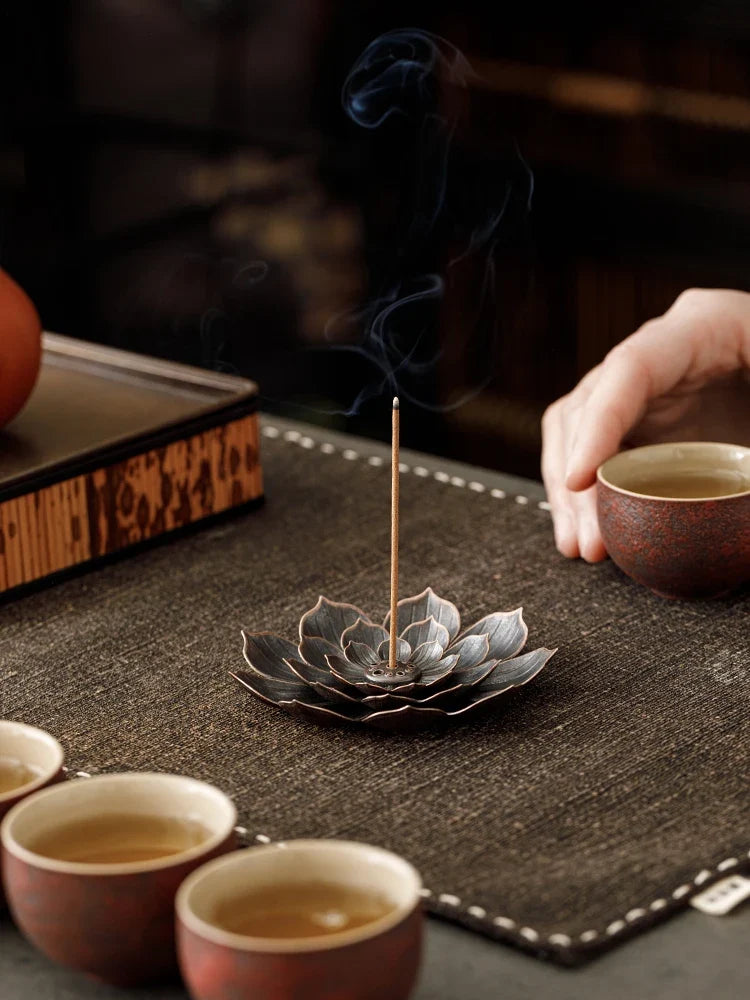 2in1 Alloy Incense Burner | Metal Sandalwood Stick Holder with Zen Lotus Design
