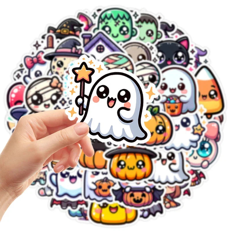 50PCS Halloween Stickers Cute Cartoon Cat Pumpkin Fun Holiday Decals Pack | Vinyl Waterproof Scrapbook Stickers
