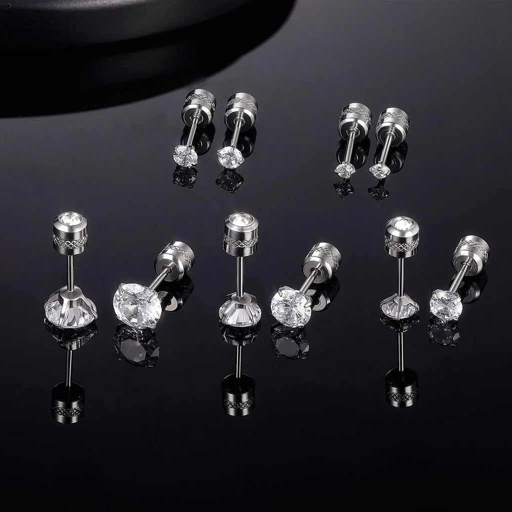 6 Pairs Screw Back Stud Earrings Set | Surgical Stainless Steel Double Sided Round CZ Earrings for Women Men