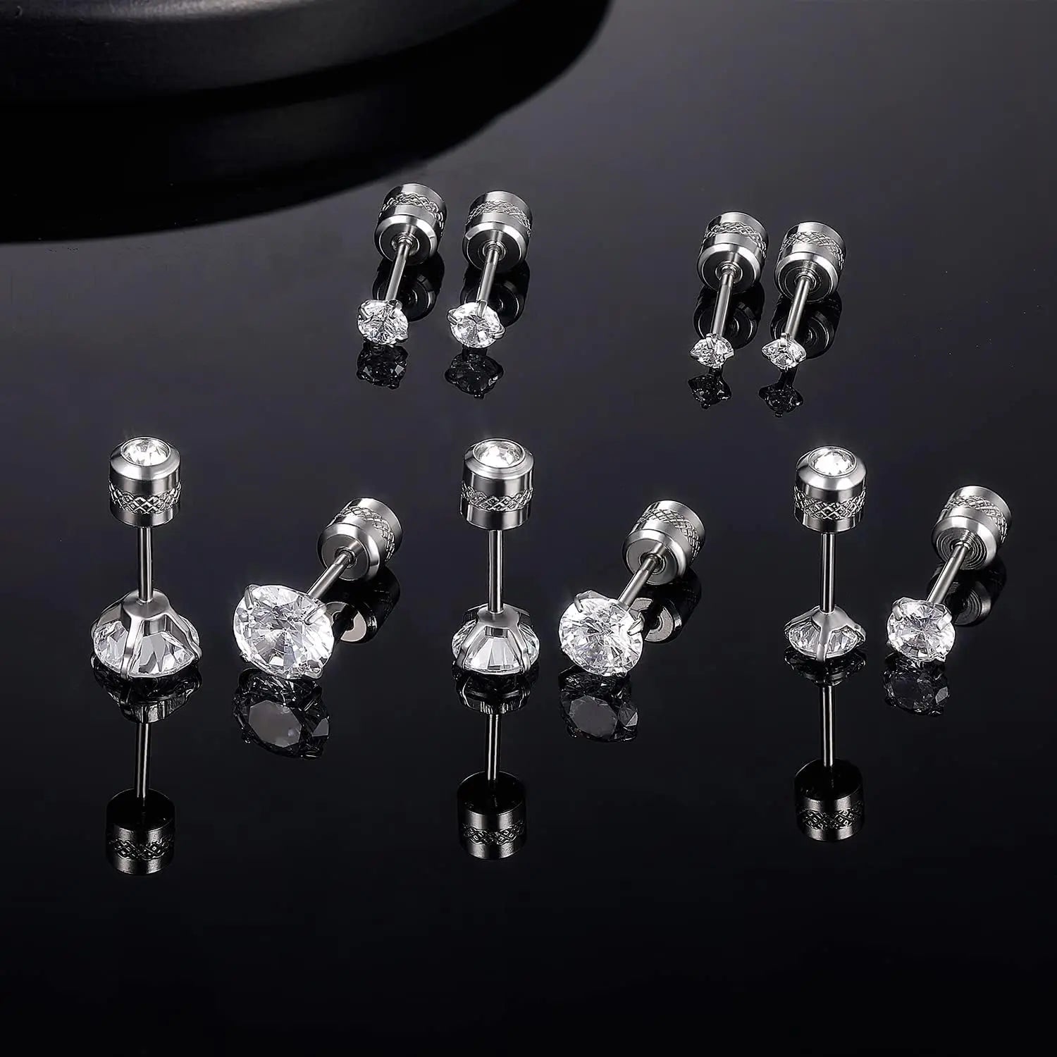 6 Pairs Screw Back Stud Earrings Set | Surgical Stainless Steel Double Sided Round CZ Earrings for Women Men