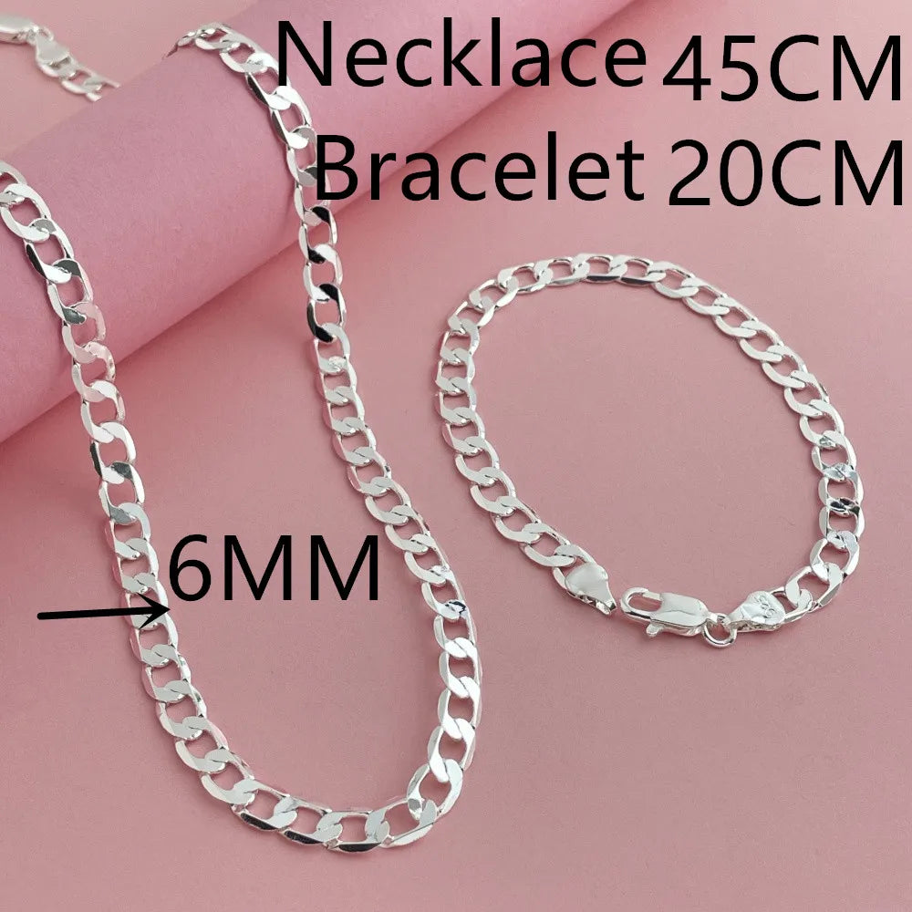 925 Sterling Silver 6mm Cuban Link Necklace and Bracelet Set | Unisex Classic Jewelry
