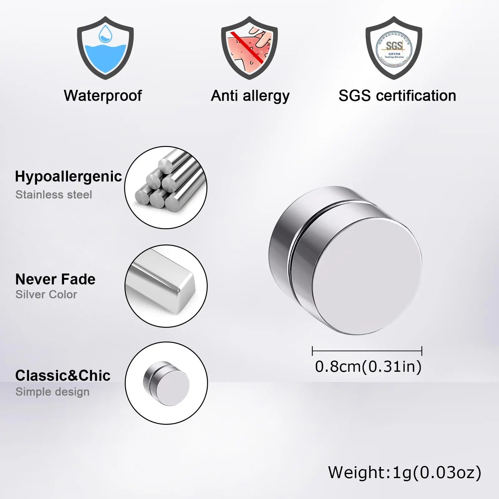Vnox Magnetic Clip Earrings Non Piercing | Hip Hop Zircon Studs for Men Women Silver Party Gifts