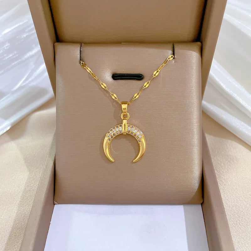 Crescent Moon Pendant Necklace | Vintage Stainless Steel Choker for Women
