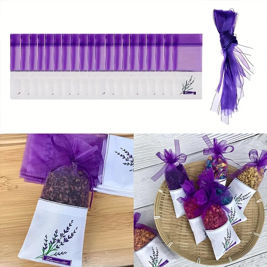 20pcs Lace Linen Sachet Empty Bags | Purple Strap Mesh for Aromatherapy