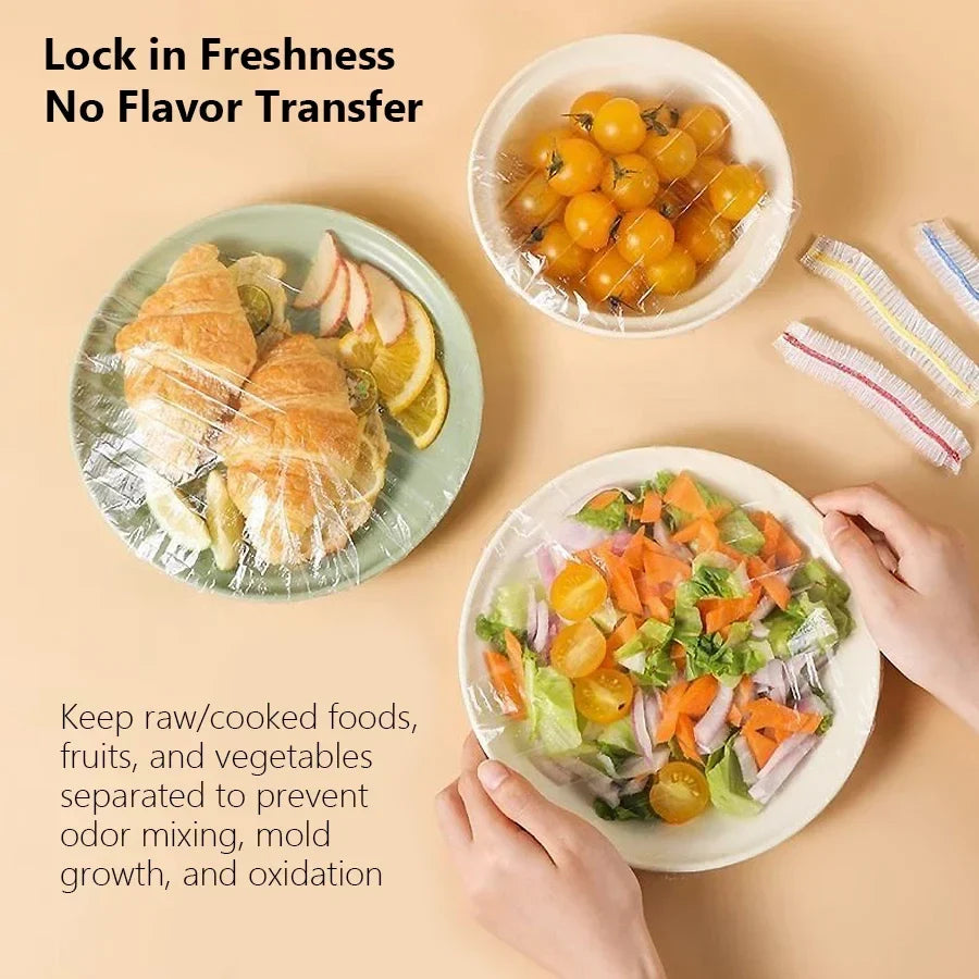 Kitchen Elastic Food Covers | 100 Pack Reusable Plastic Wrap for Bowls and Plates