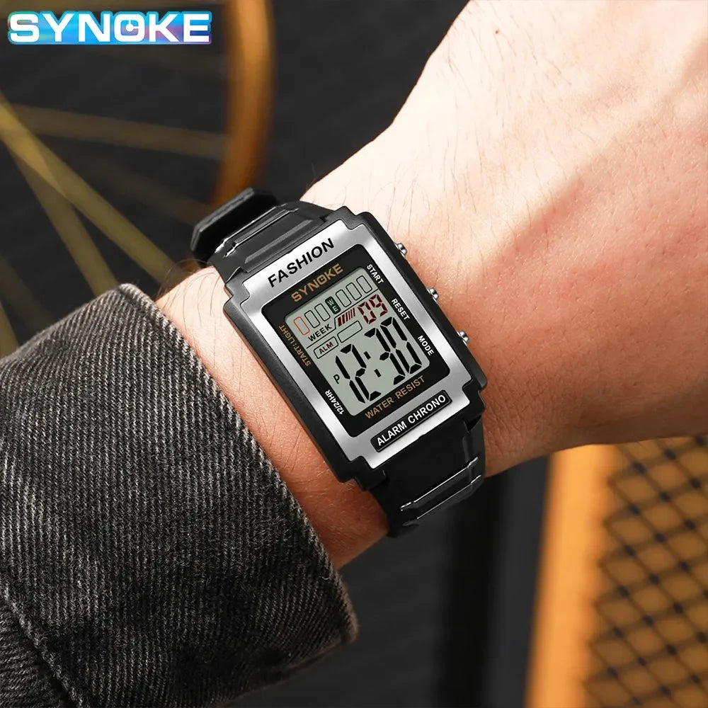 SYNOKE Men Rectangular Sports Electronic Watch | Waterproof 50M with Night Light and Alarm
