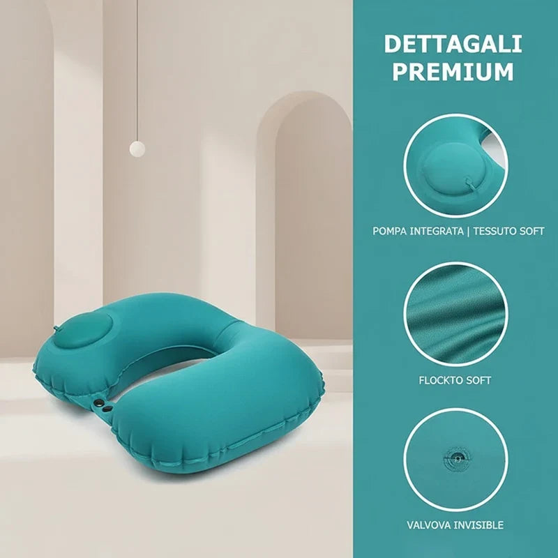 Portable Inflatable U-Shaped Neck Pillow for Travel | Press-Inflatable Neck Support with Built-In Storage