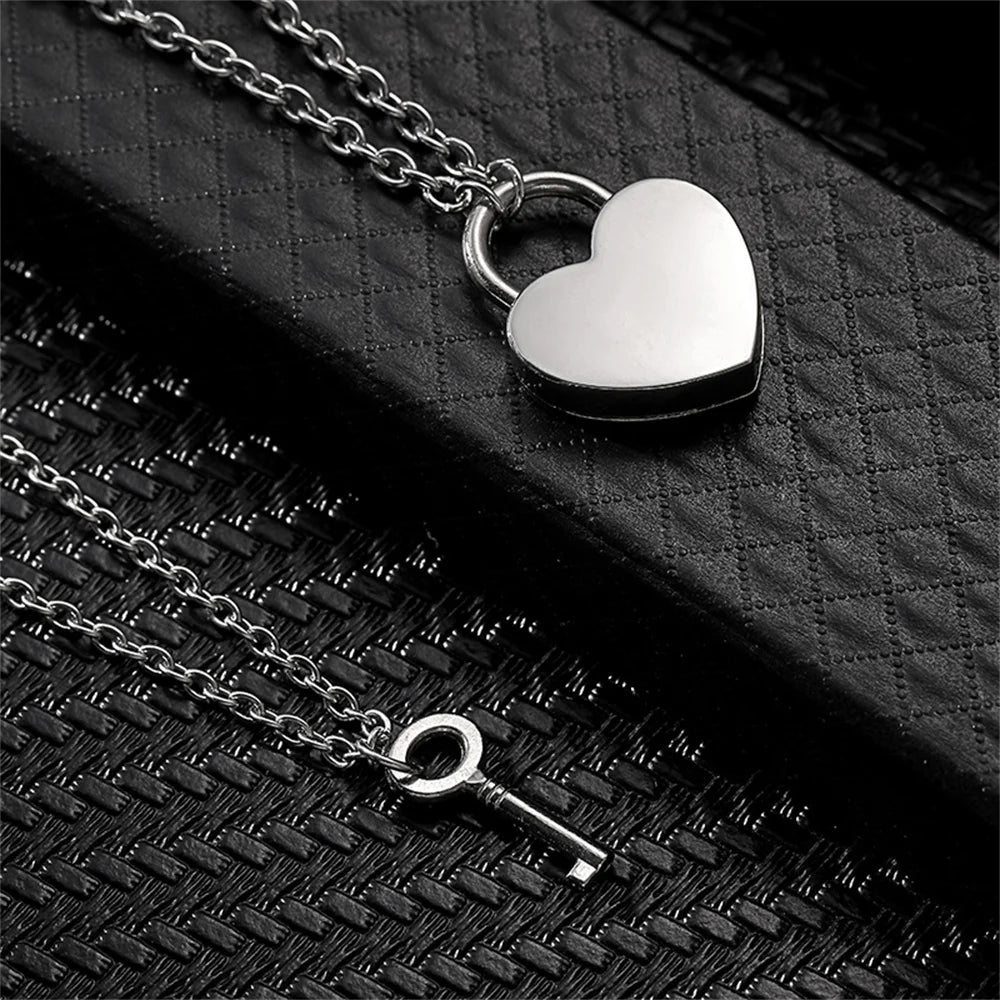Romantic Couple Key and Heart Pendant Necklace Set | Stainless Steel Lovers Jewelry Gift