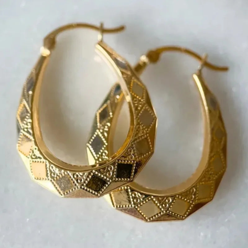 Vintage Oval Golden Hoop Earrings | Hand Carved Patterned Drop Earrings