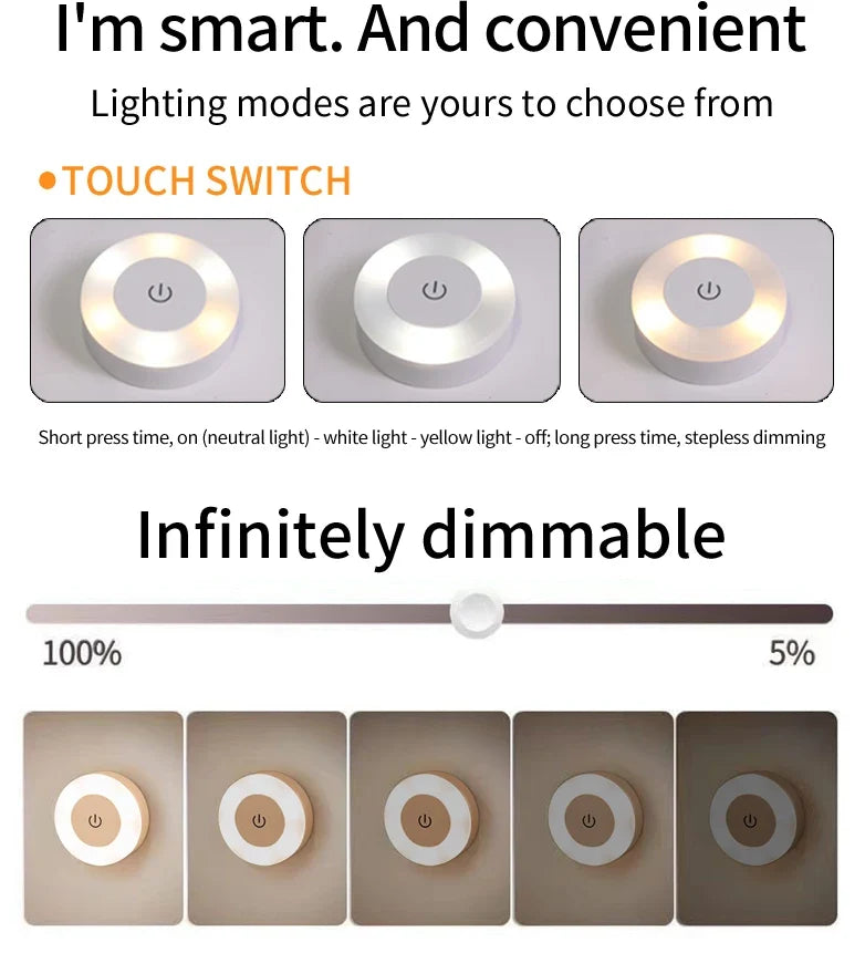 6CM Rechargeable LED Night Light | Touch Switch Wireless Wall Lamp with 3-Color Dimmable Modes