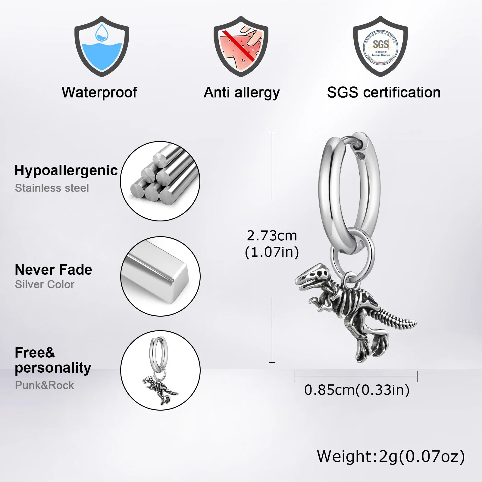 Dinosaur Drop Earrings | Stainless Steel Punk Rock Jewelry for Men and Women