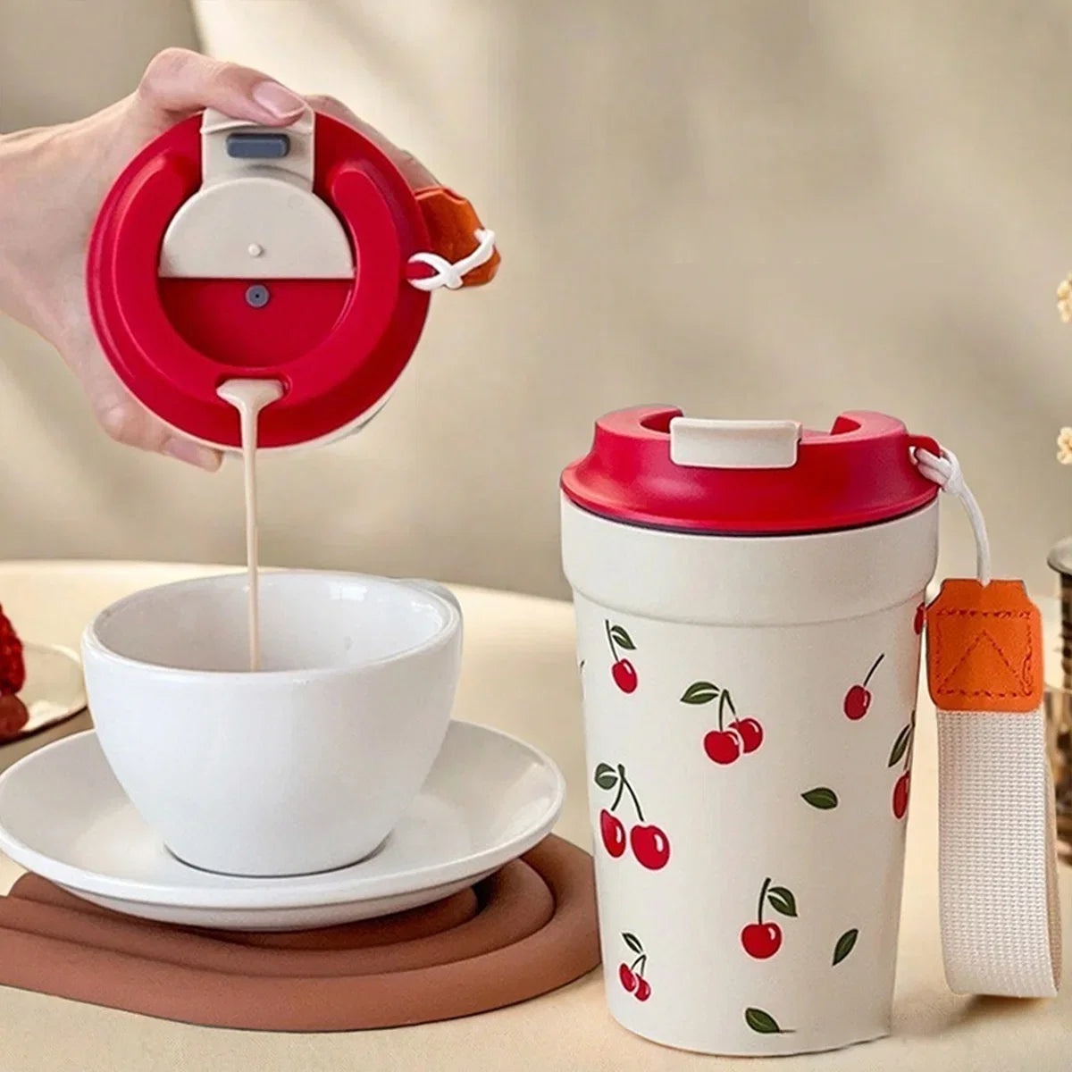 350/400ml Plastic Coffee Mug with Cherry Pattern | Travel Portable Water Bottle Tumbler