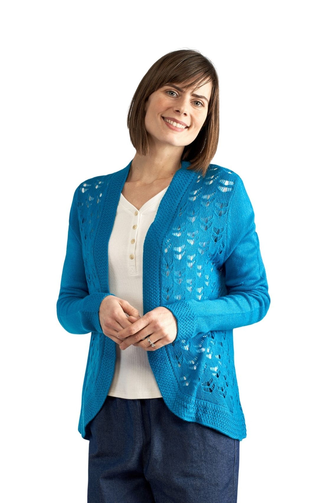 Women's Open Front Pointelle Shrug — Curved Hem Soft Acrylic