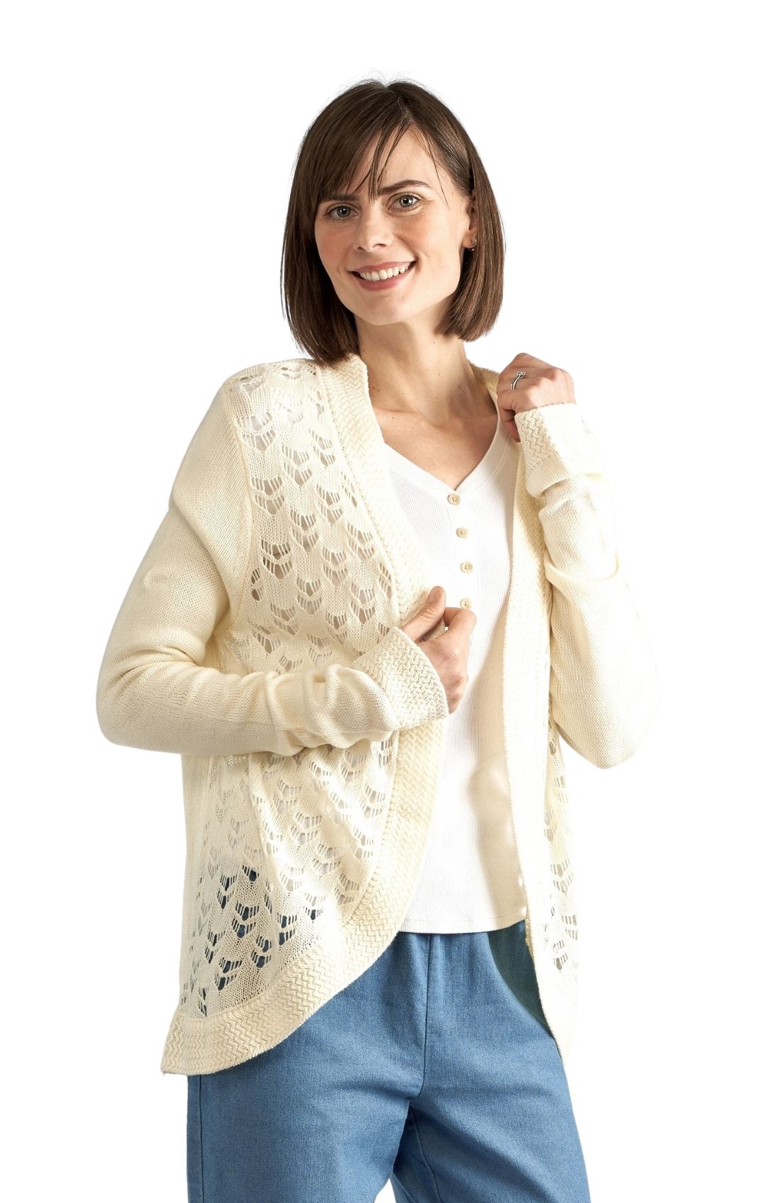 Women's Open Front Pointelle Shrug — Curved Hem Soft Acrylic