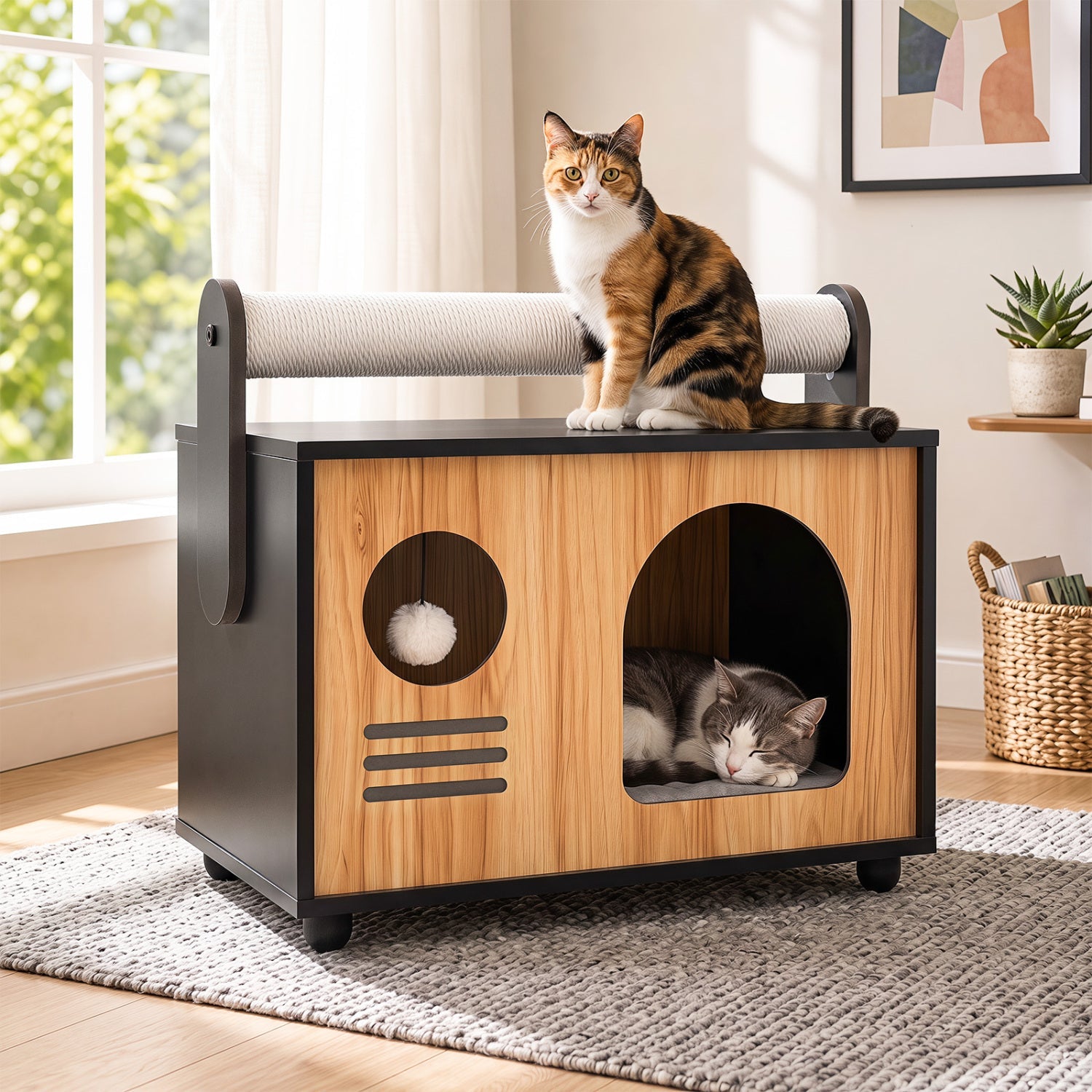 Wooden Cat House with Scratching Post and Cushion