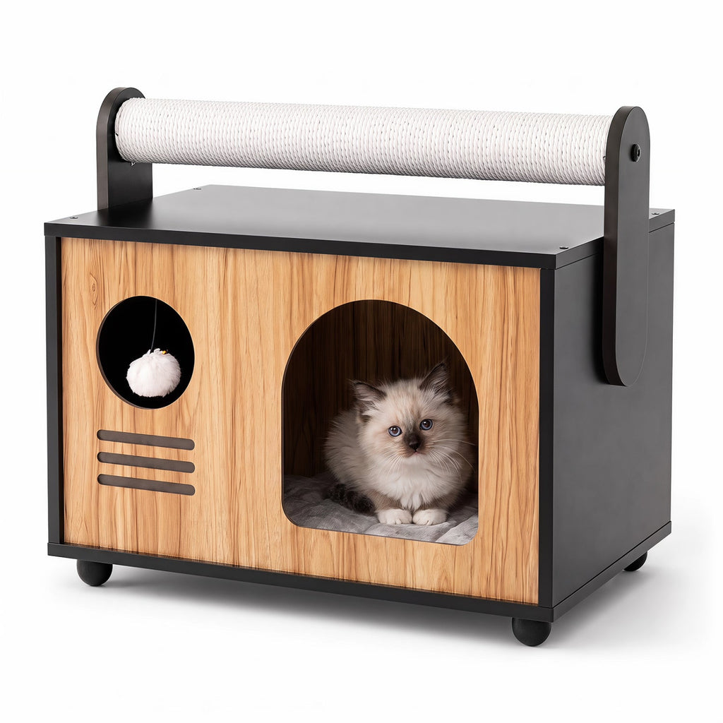 Wooden Cat House with Scratching Post and Cushion