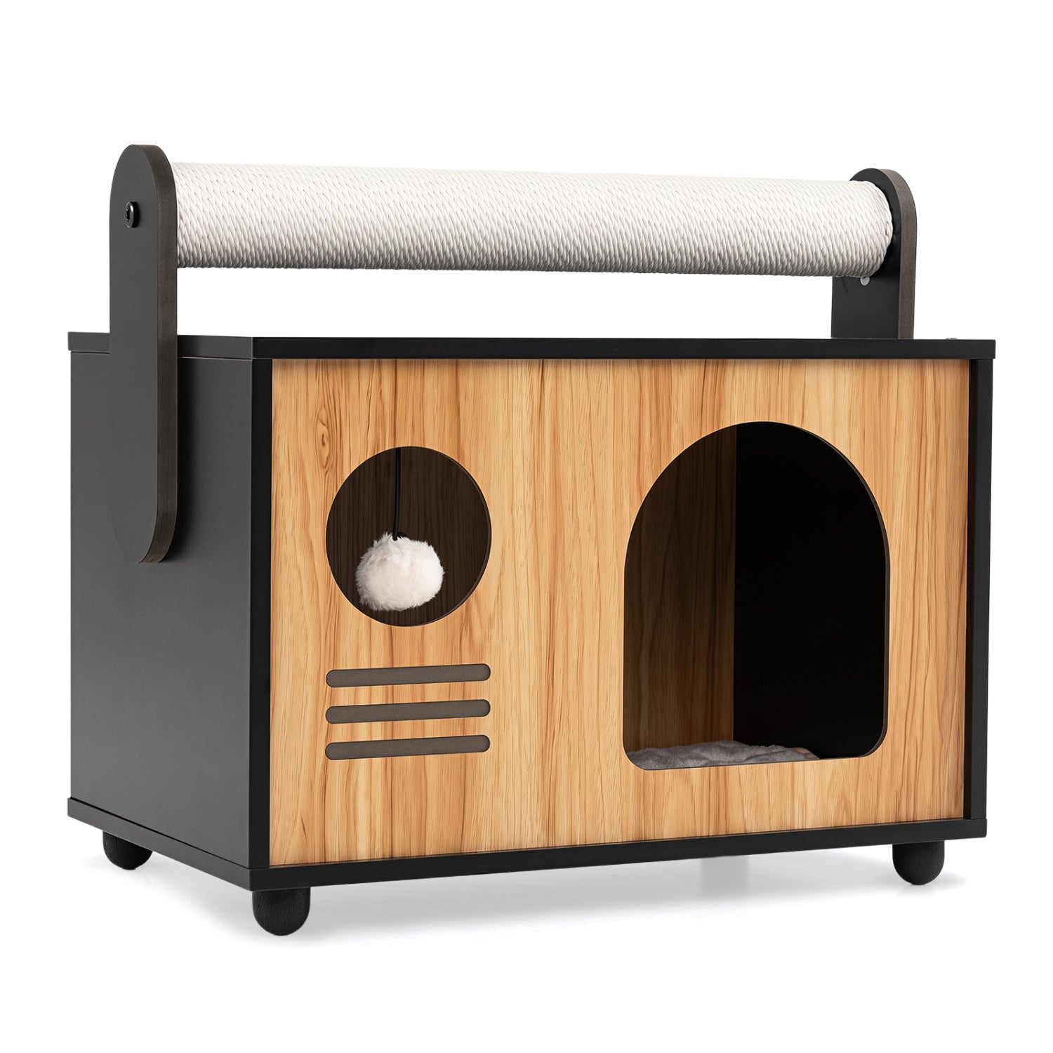 Wooden Cat House with Scratching Post and Cushion