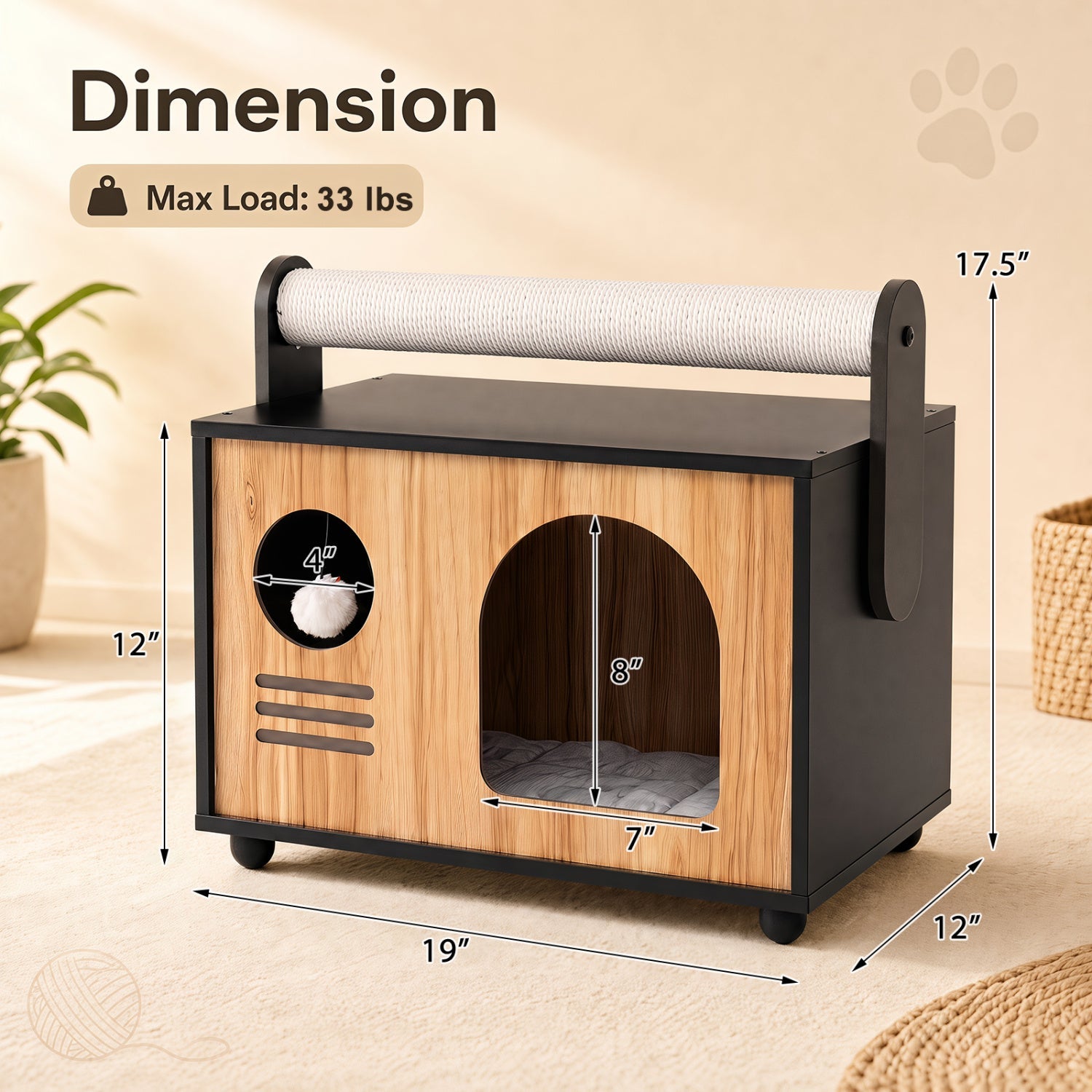 Wooden Cat House with Scratching Post and Cushion