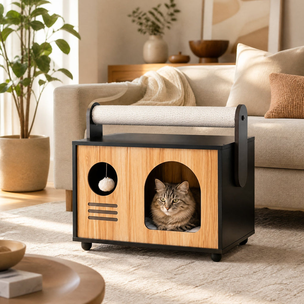 Wooden Cat House with Scratching Post and Cushion