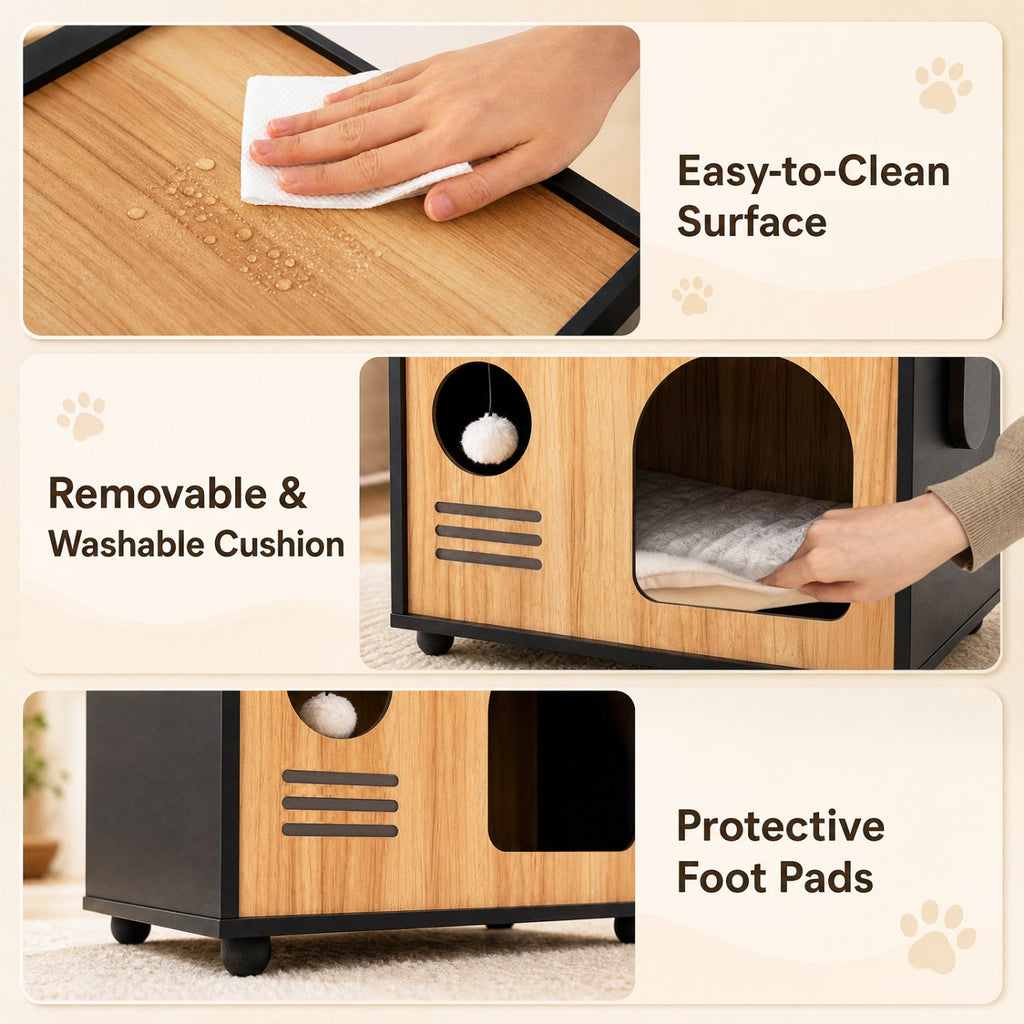 Wooden Cat House with Scratching Post and Cushion