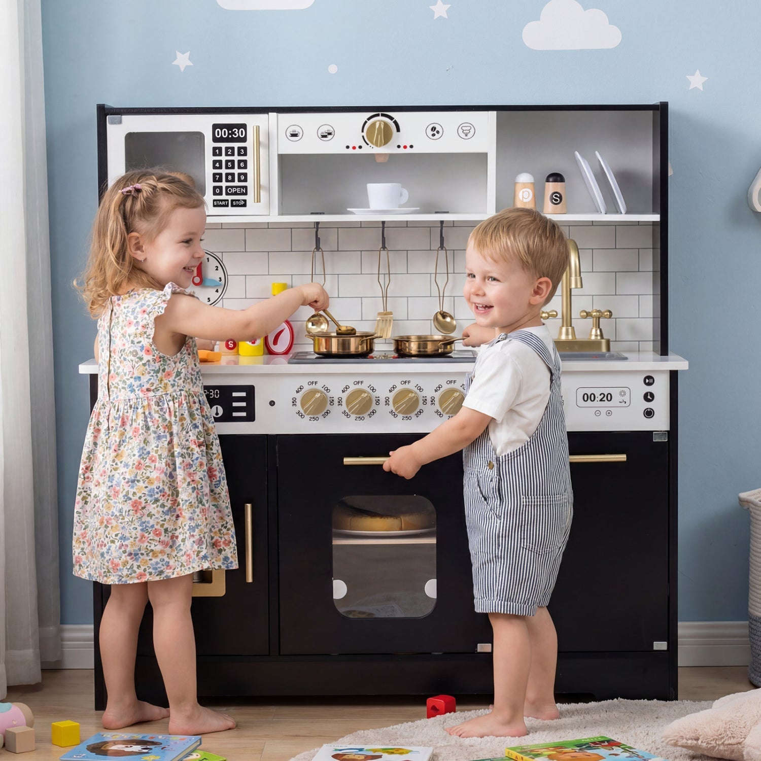 Wooden Play Kitchen for Kids with Realistic Lights and Sounds