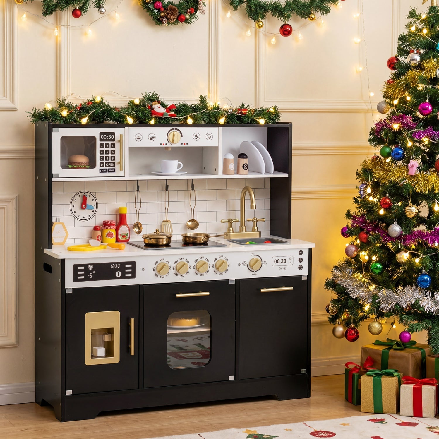 Wooden Play Kitchen for Kids with Realistic Lights and Sounds