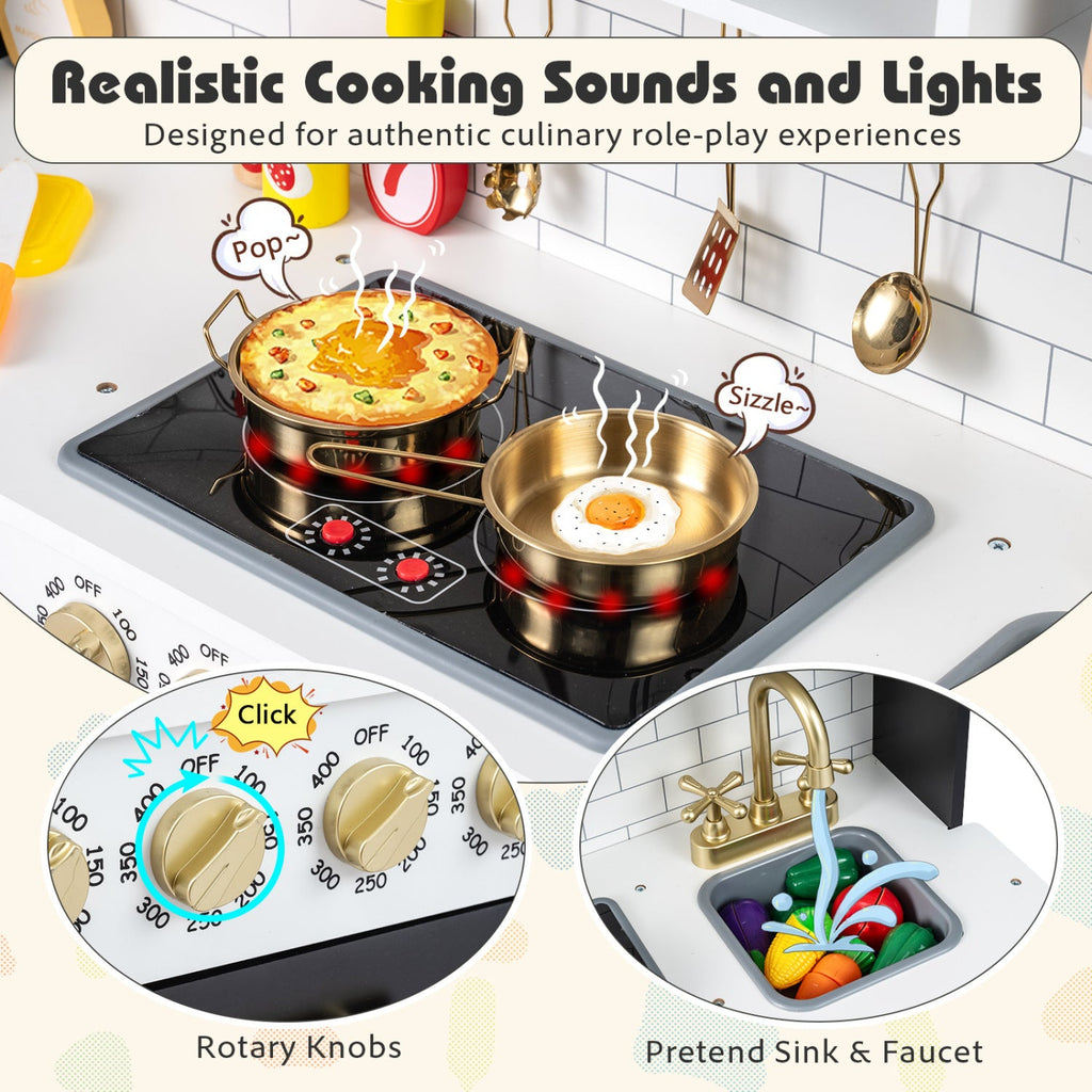 Wooden Play Kitchen for Kids with Realistic Lights and Sounds