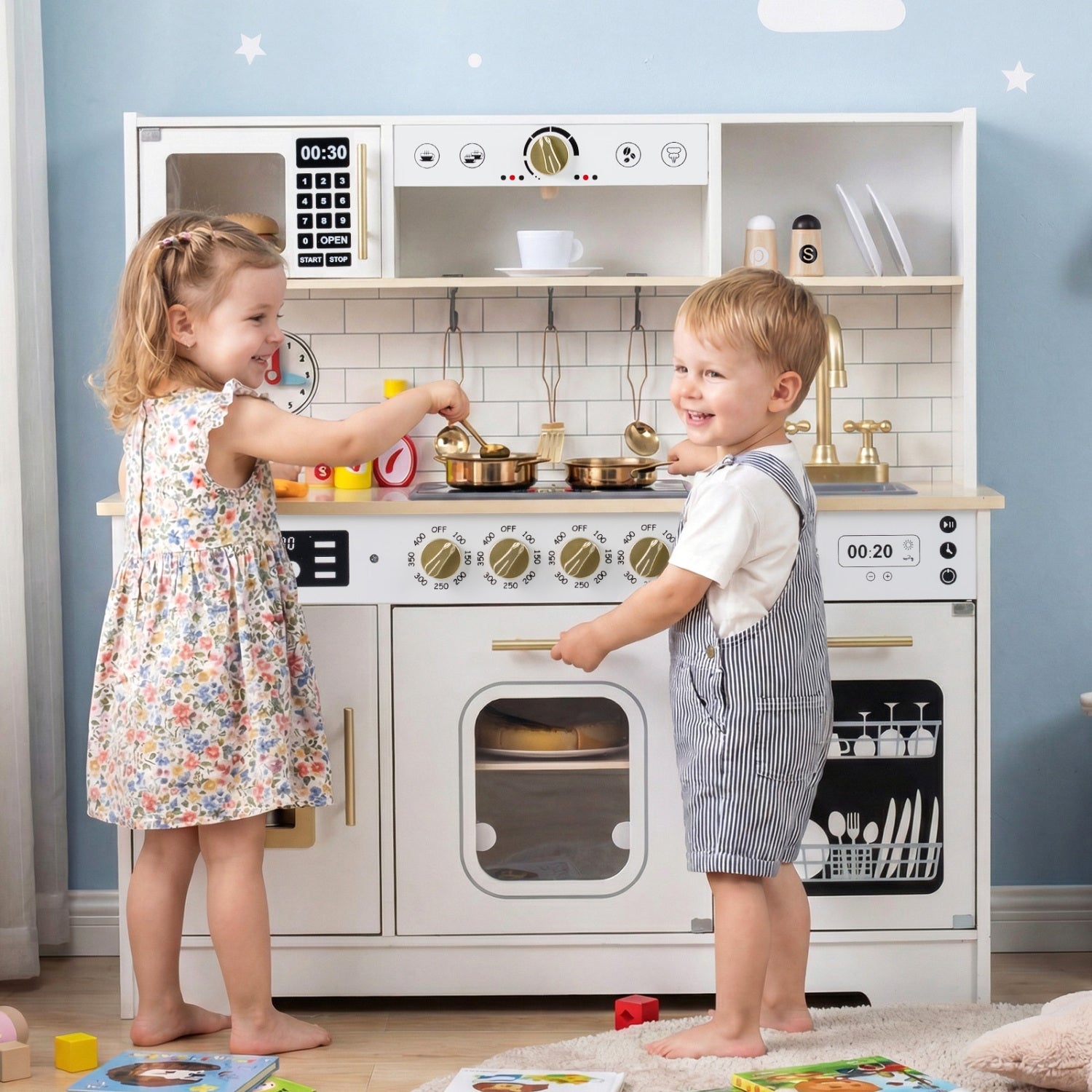 Wooden Play Kitchen for Kids with Realistic Lights and Sounds