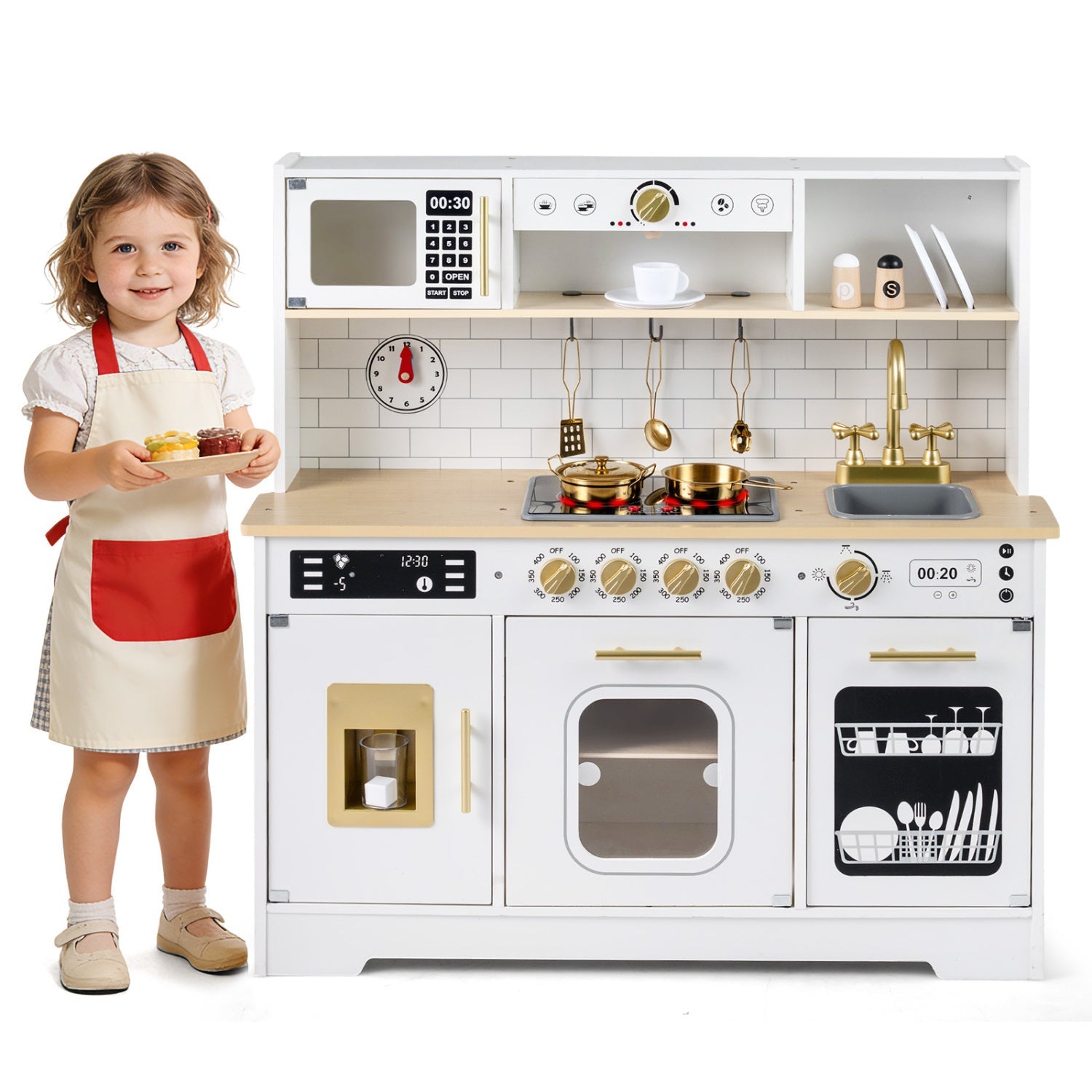Wooden Play Kitchen for Kids with Realistic Lights and Sounds
