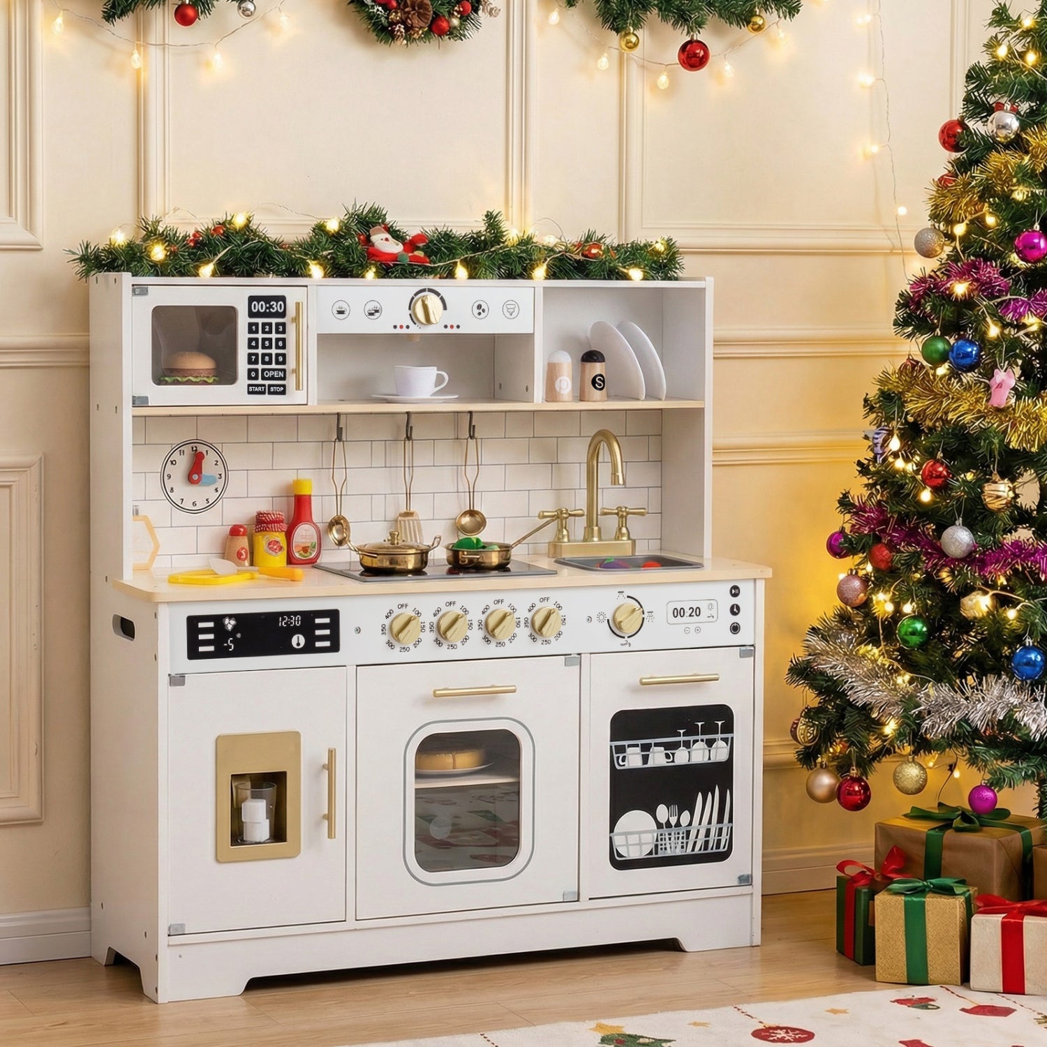 Wooden Play Kitchen for Kids with Realistic Lights and Sounds
