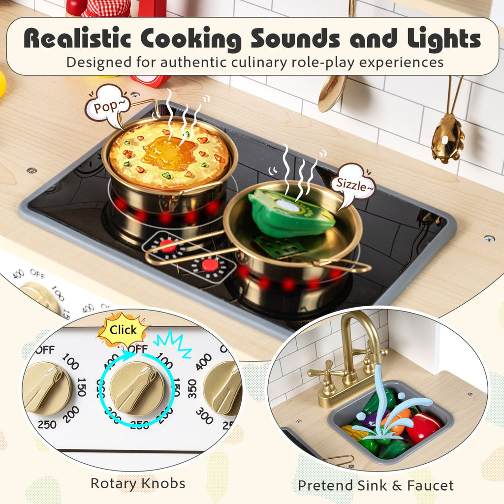 Wooden Play Kitchen for Kids with Realistic Lights and Sounds