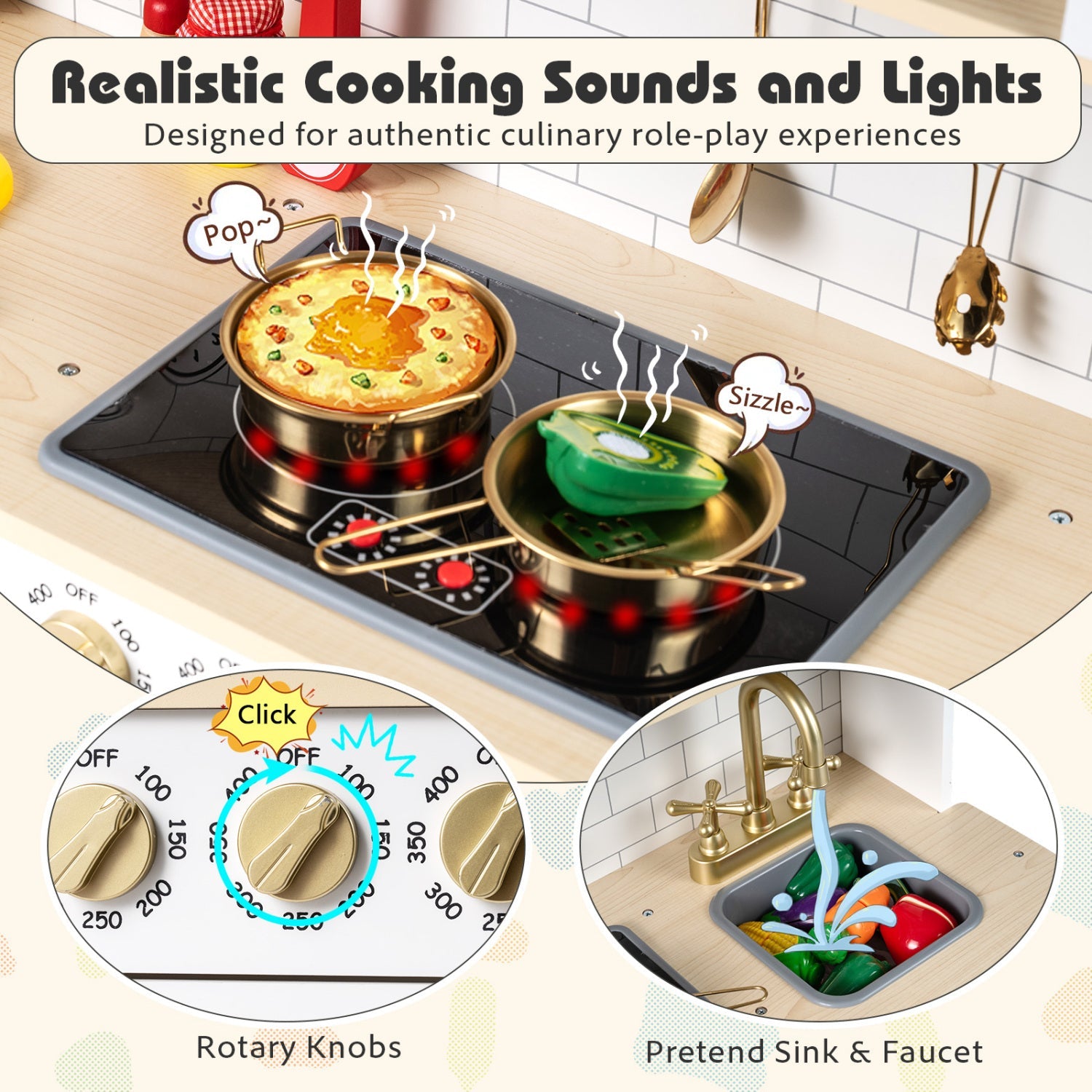 Wooden Play Kitchen for Kids with Realistic Lights and Sounds
