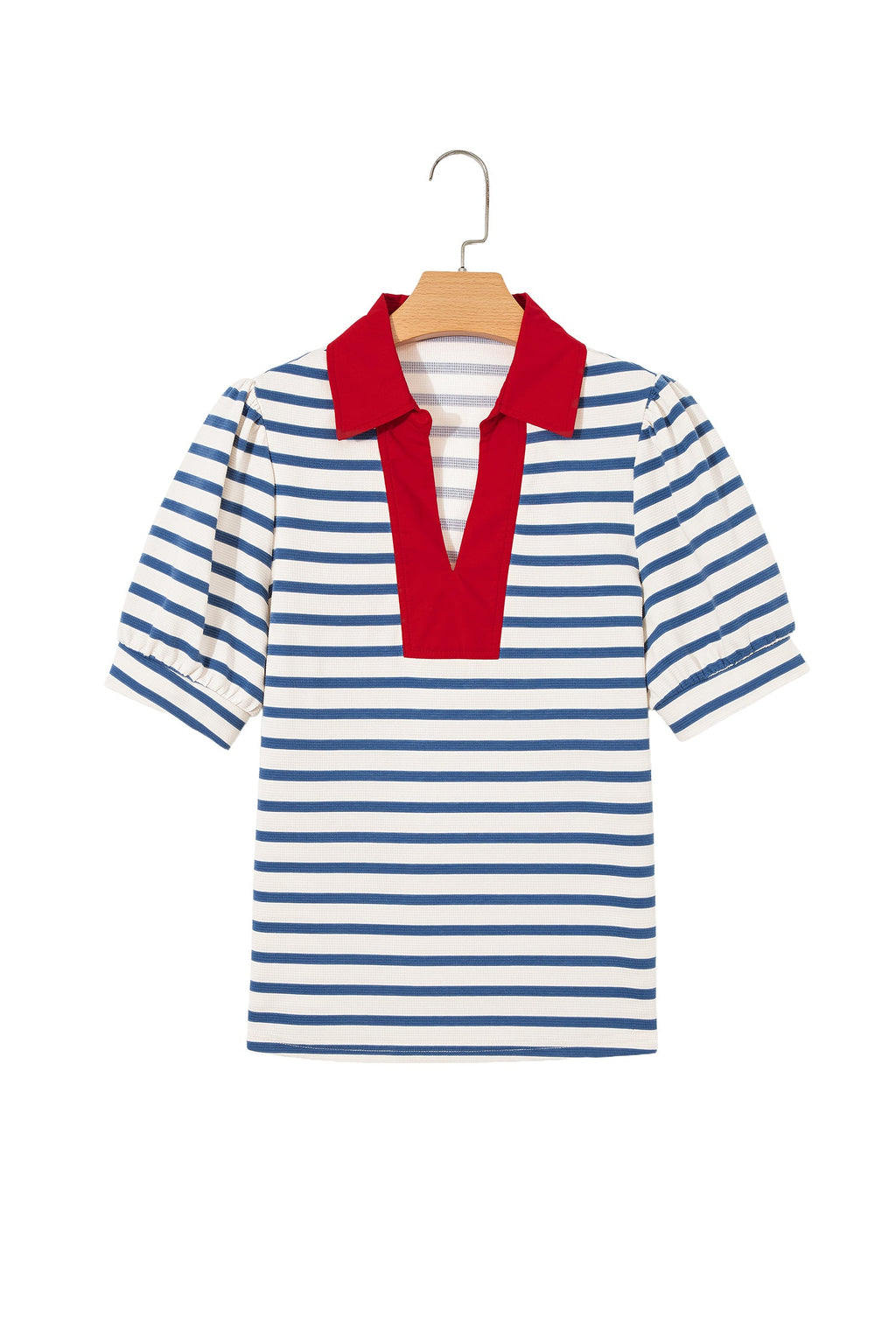 Blue Stripe Short Puff Sleeve Color Block Polo Collar Blouse