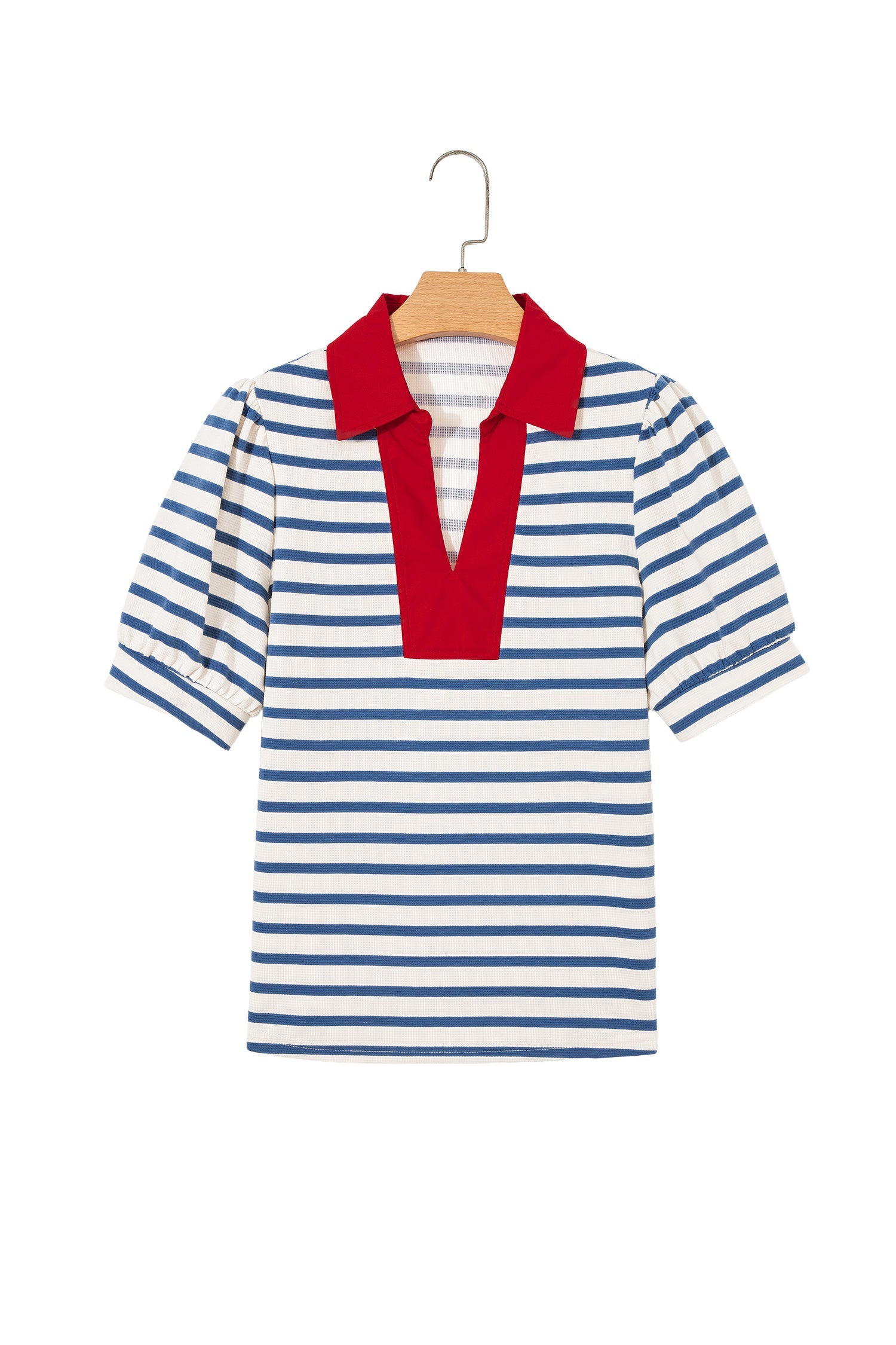 Blue Stripe Short Puff Sleeve Color Block Polo Collar Blouse