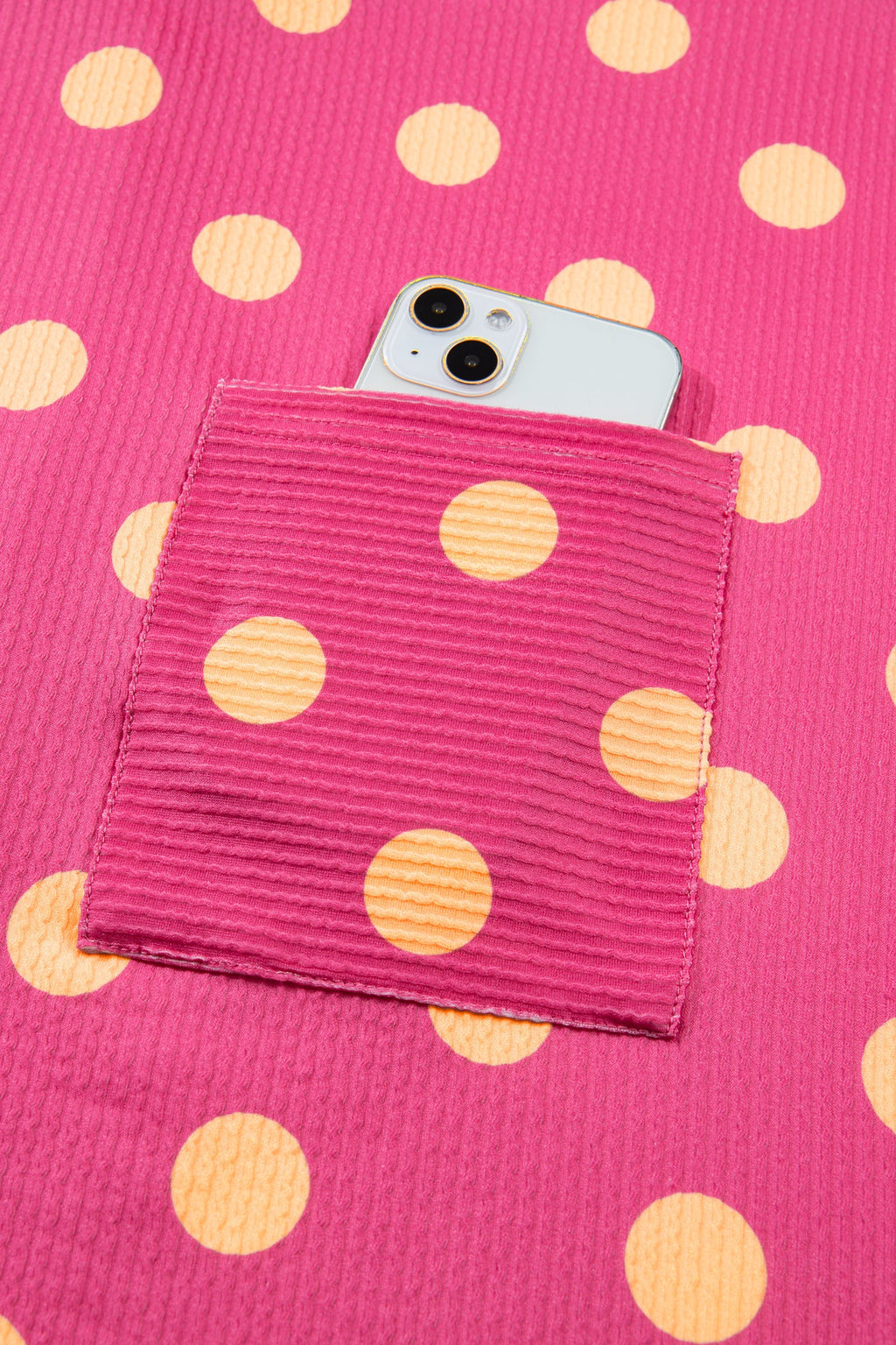 Pink Polka Dot Round Neck Drop Shoulder Patch Pocket Jacquard Texture Top