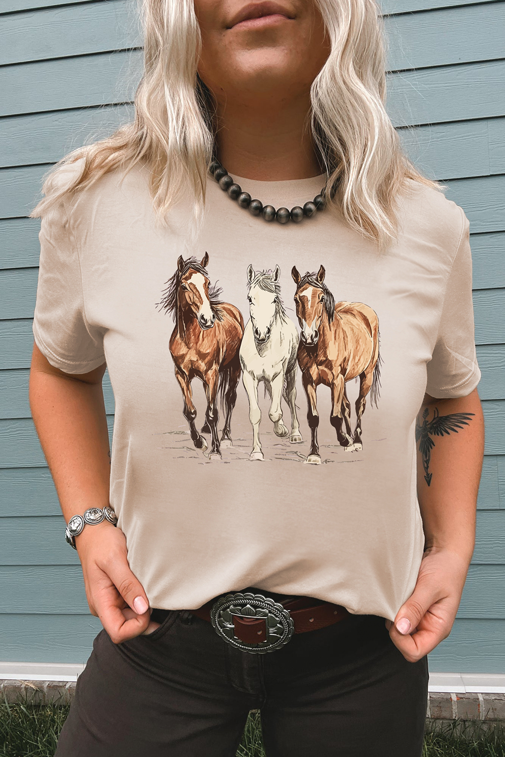 Khaki Gallant Horses Printed Casual T Shirt