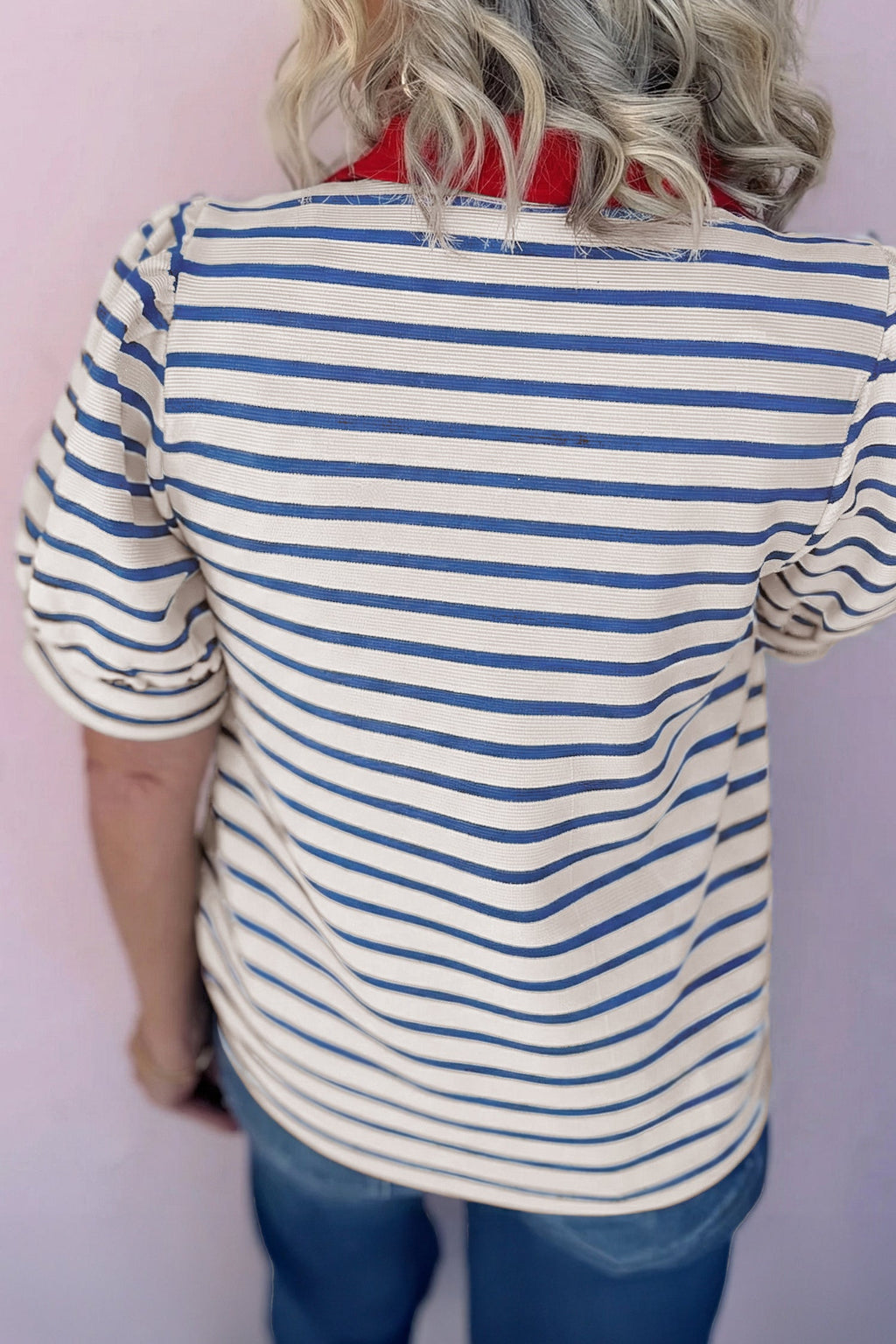 Blue Stripe Short Puff Sleeve Color Block Polo Collar Blouse