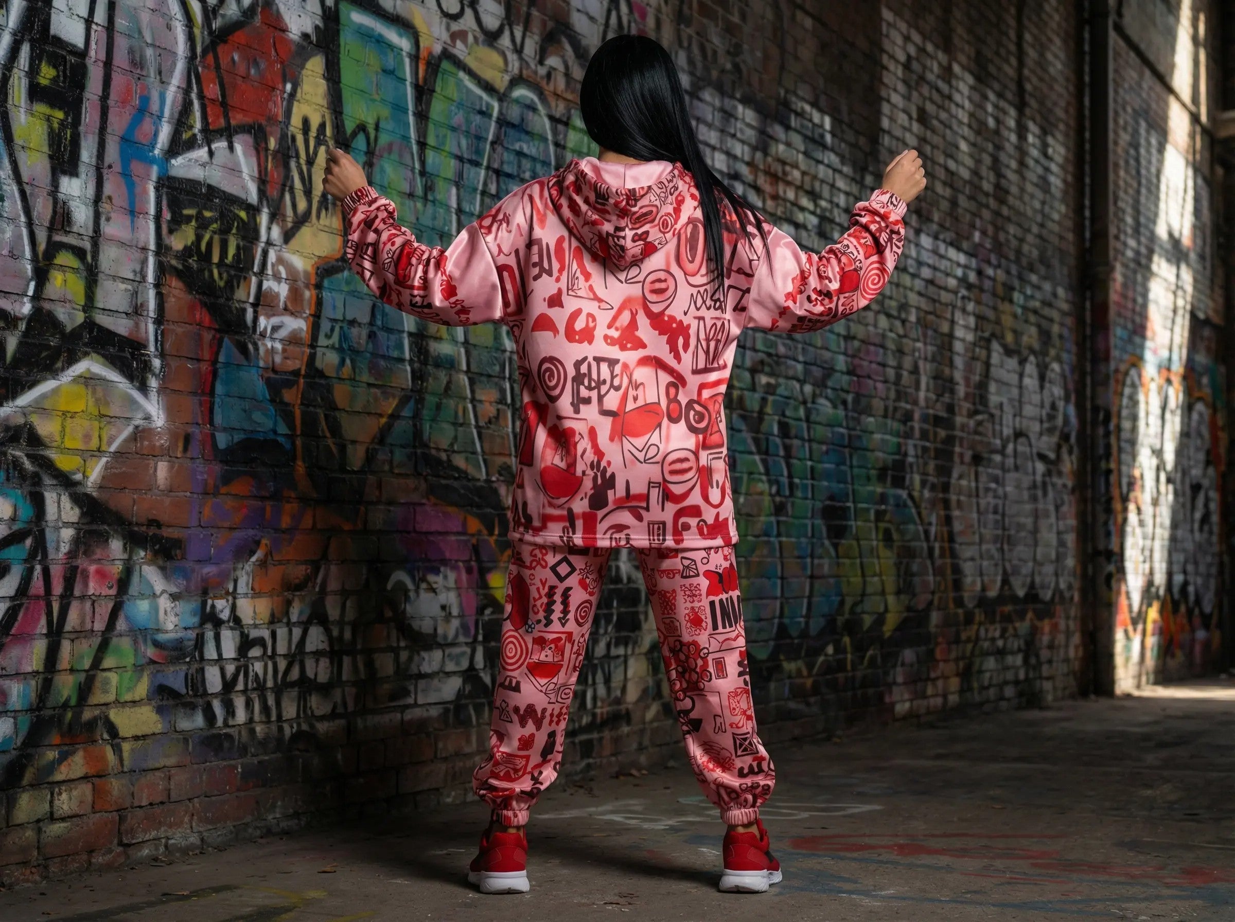 Pink graffiti scribbles on Women's Long Sleeve Fleece Hoodie JACKET ONLY new create by Designs By Kiekie