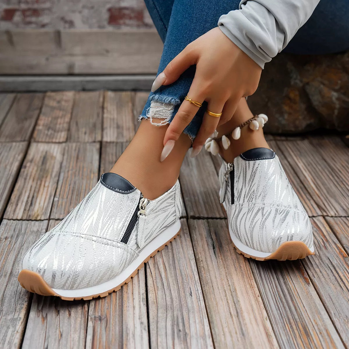 Round Toe Zipper Detail Slip-Ons