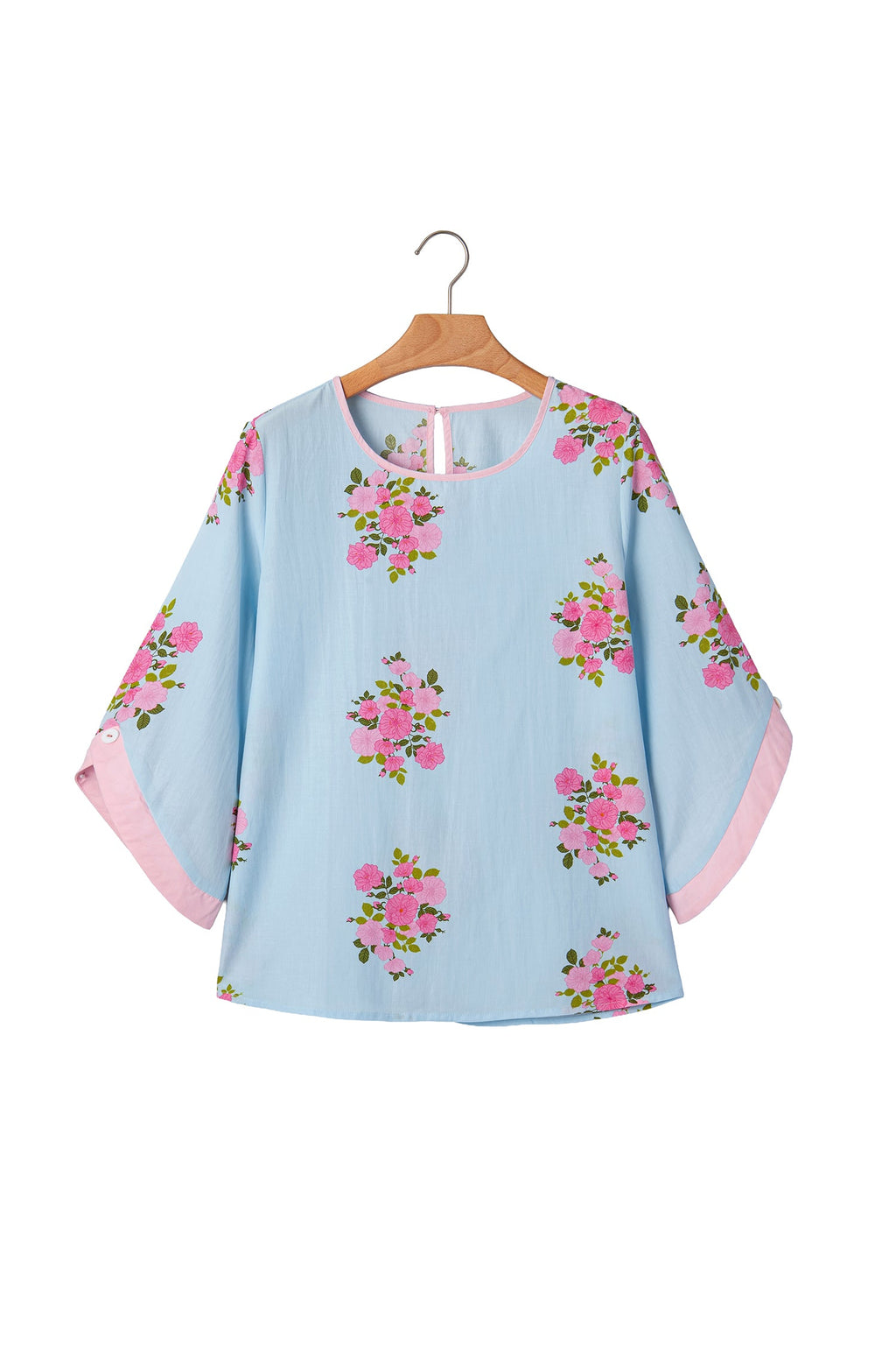 Sky Blue Floral Print Button Cuffed 3/4 Sleeve Round Neck Blouse