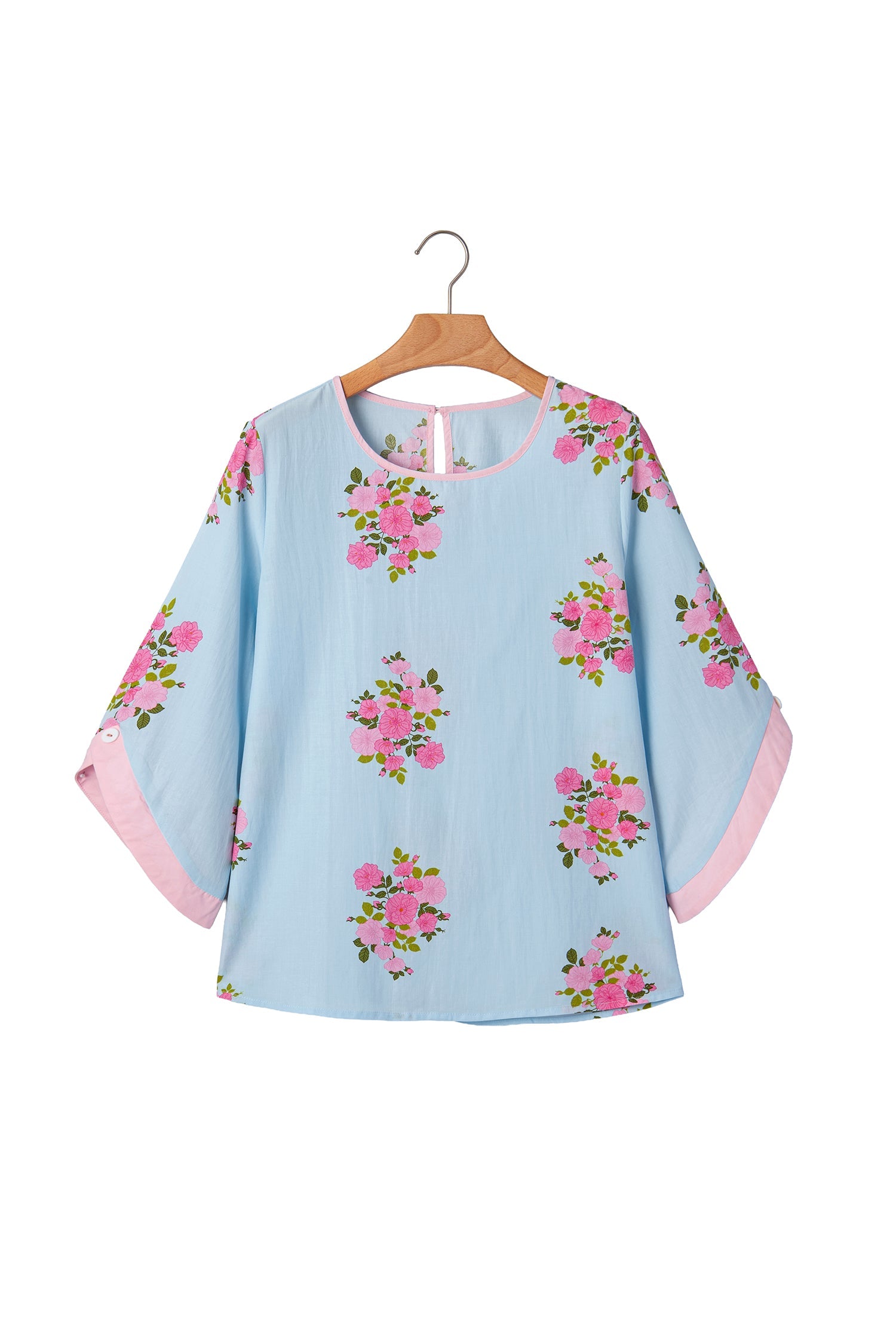 Sky Blue Floral Print Button Cuffed 3/4 Sleeve Round Neck Blouse