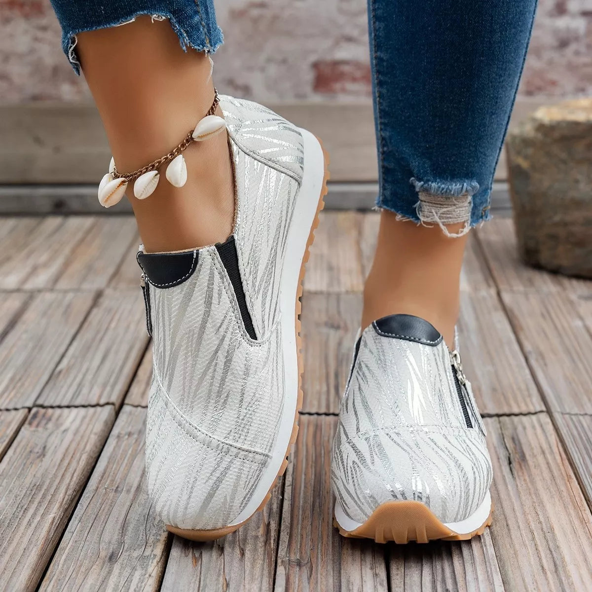 Round Toe Zipper Detail Slip-Ons