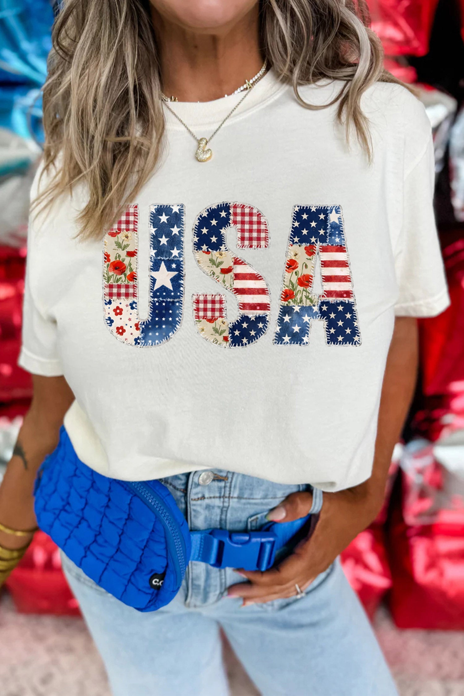 White USA Faux Patchwork Graphic Tee