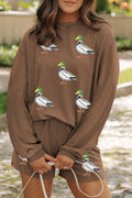 Chestnut Twisted Ribbed Sequin Mallard Graphic Long Sleeve Top and Short Set