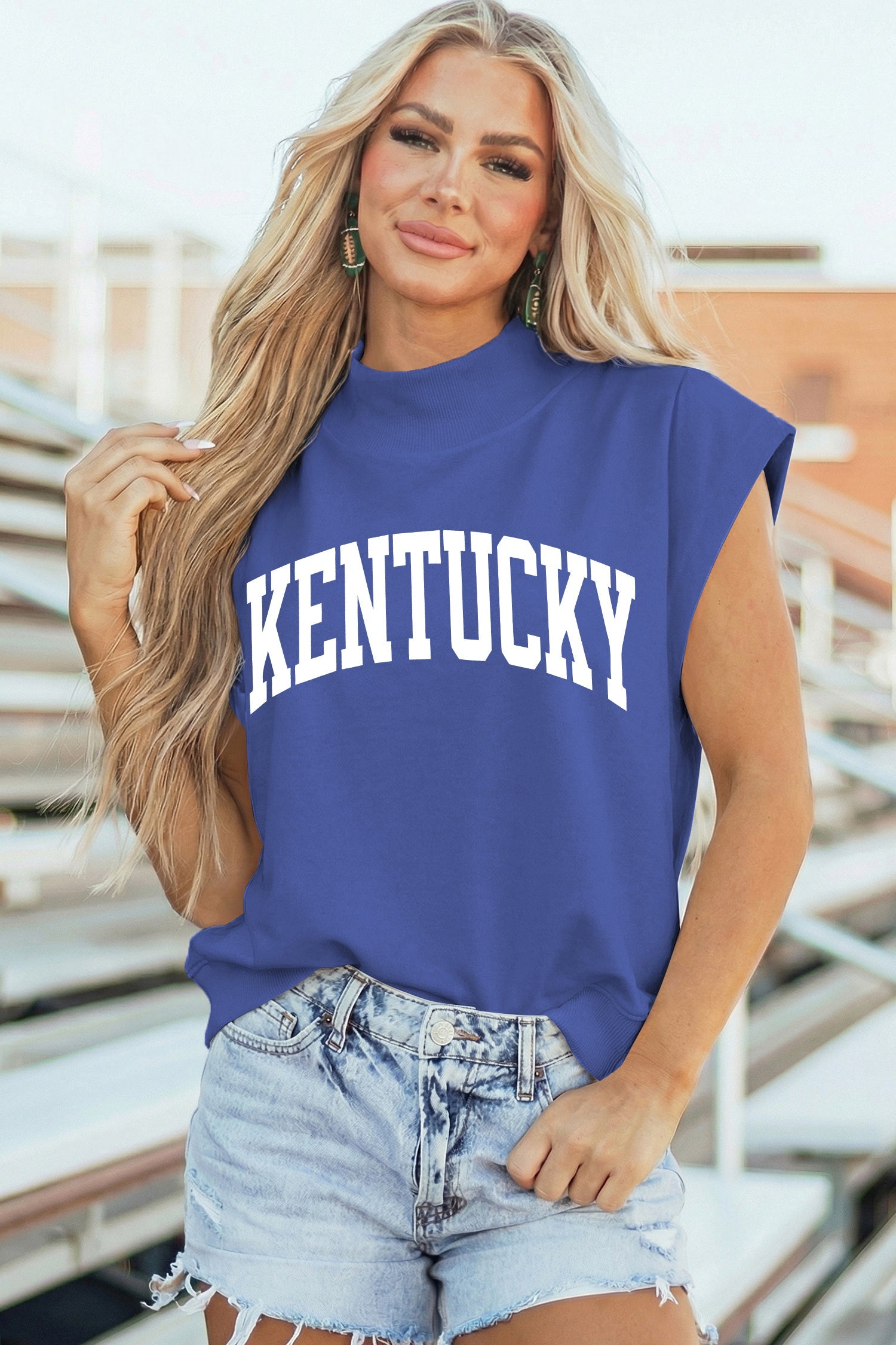 Sky Blue KENTUCKY Leopard KY Double Side Printed Mock Neck Tee